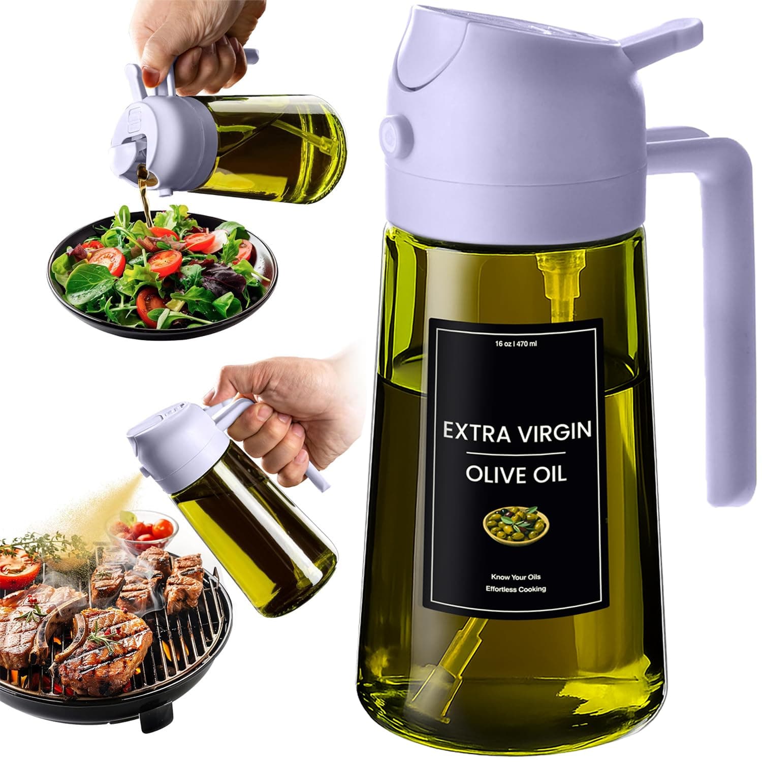 CXINYI 16oz/470ml Olive Oil Dispenser Bottle with Stickers - 2 in 1 Olive Oil Spray Bottle, Air Fryer & Salad, Light-Proof Glass Kitchen Gadgets, Purple