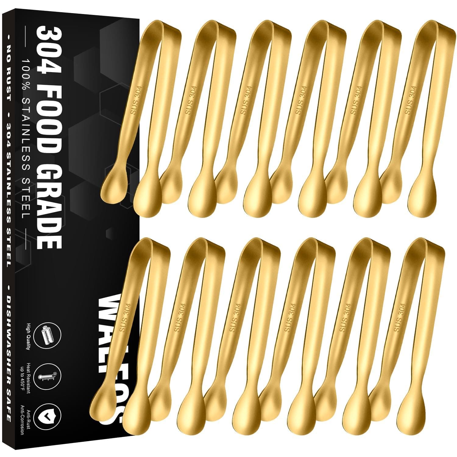 Walfos 12 Pcs Mini Gold Tongs, 4.25" Small Serving Tongs, 304 Stainless Steel Kitchen Tongs for Appetizers, Parties Catering, Sugar, Desserts, Tea Party, Coffee Bar