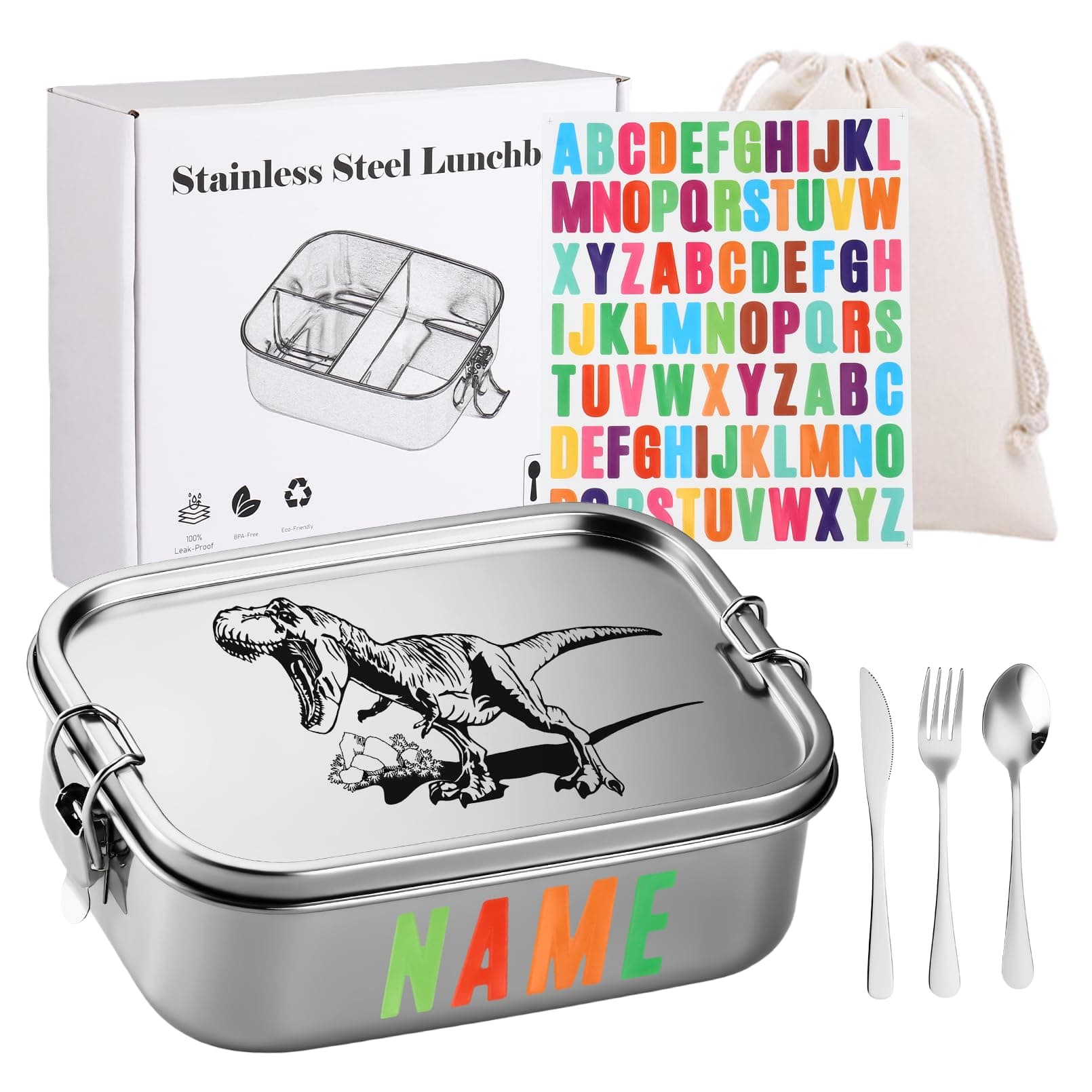 Stainless Steel Lunch Box,Bento Box with Fork and Spoon Featuring 3 compartments Metal Lunchbox Engraved Pattern with Lockable Clips to Leak Proof (Dinosaur, 1000ML)