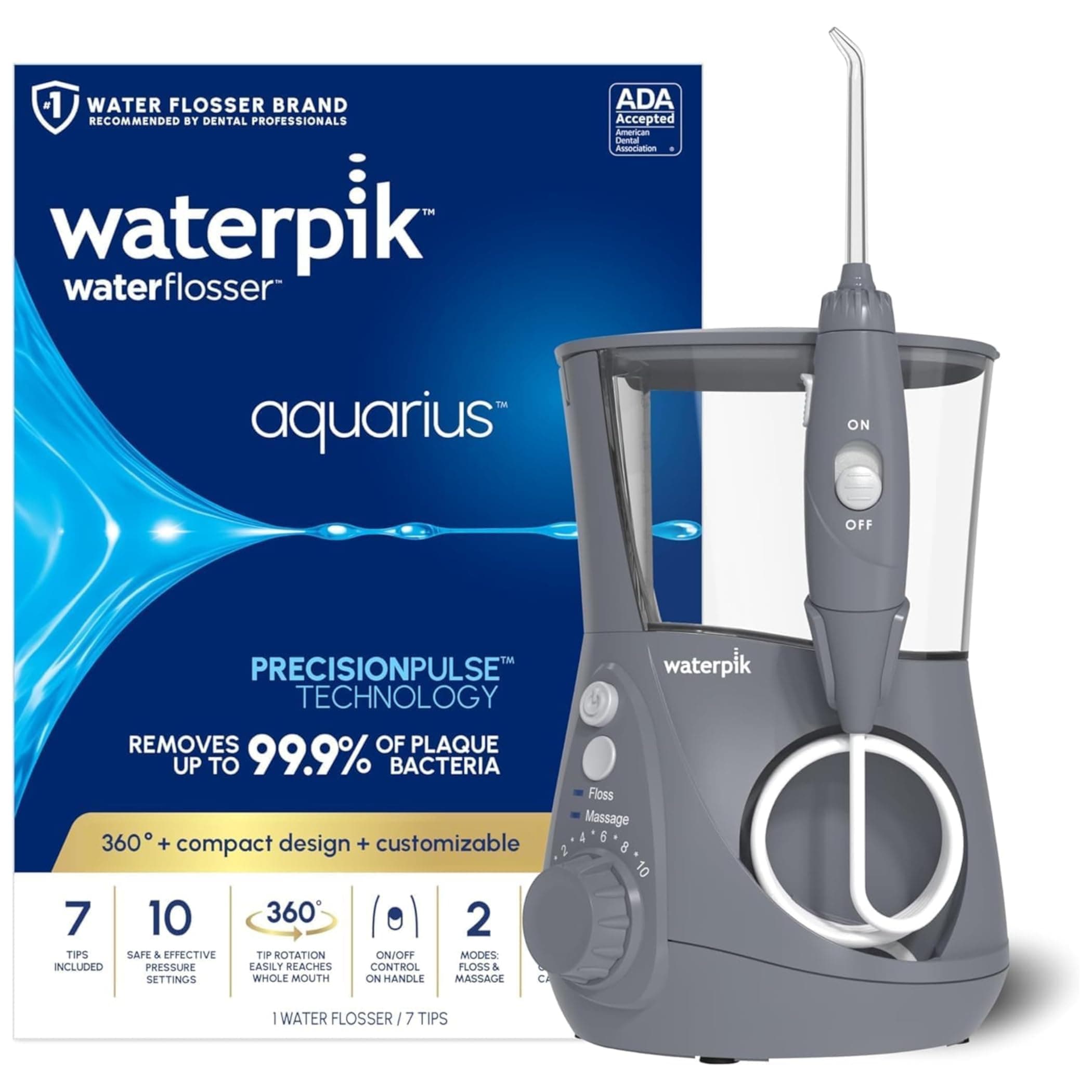 Waterpik Aquarius Water Flosser For Teeth Cleaning, Gums, Braces, Dental Care, Electric Power With 10 Settings, 7 Tips For Multiple Users & Needs, CDA Validated, Grey WP-667, Packaging May Vary