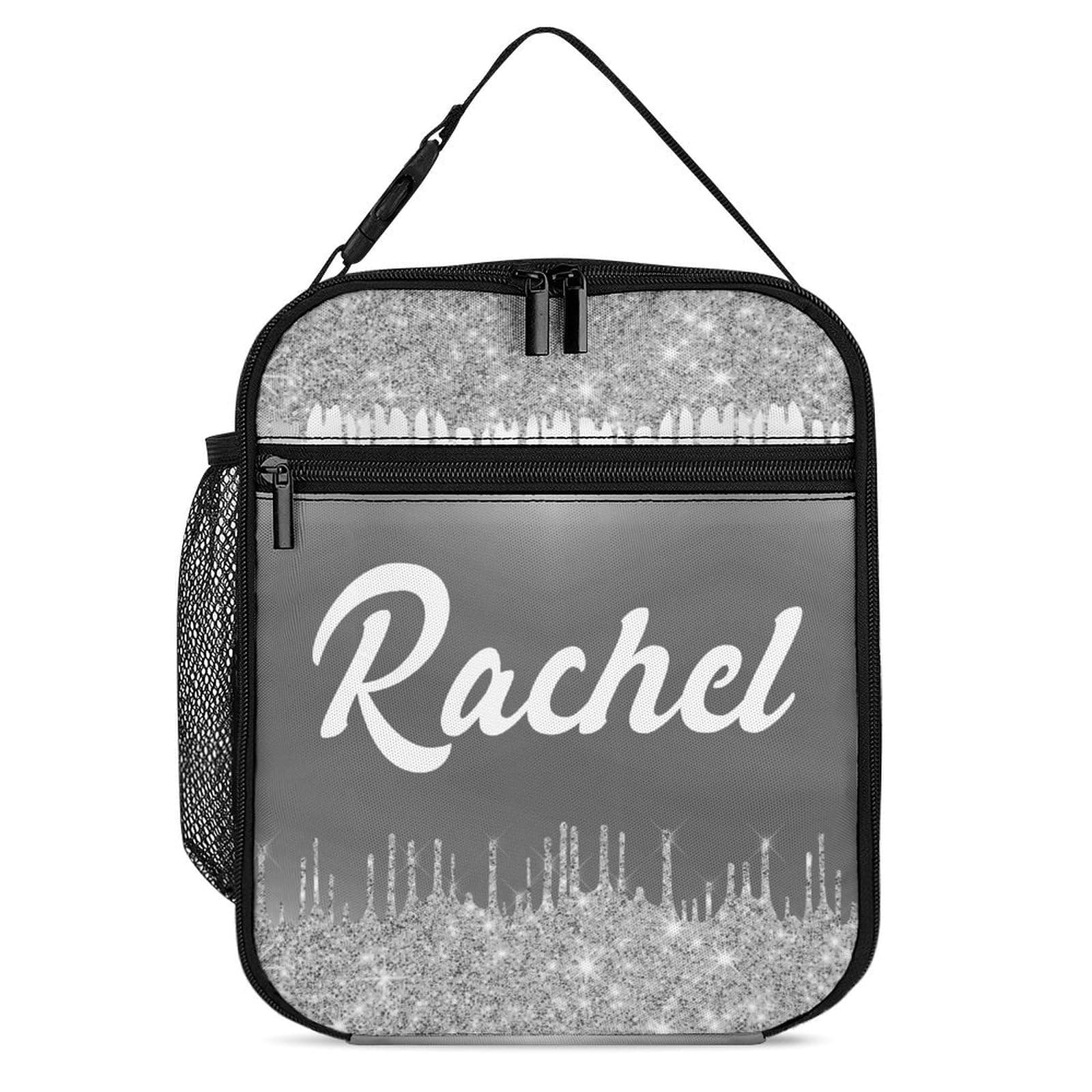 IYLYHSHF Gray Silver Glitter Print Lunch Box Insulated Custom Lunch Bag for Men Women with Name Personalized Reusable Leakproof Tote Bags Gifts for Work Picnic Travel