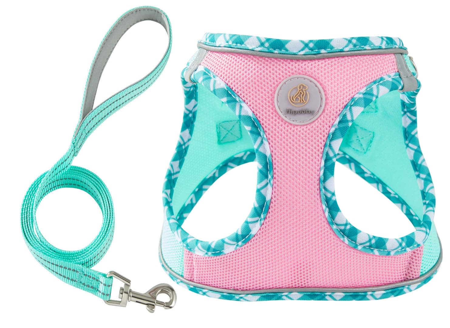 Hipubby Dog Harness Small Sized and Leash Set, No Pull Soft Mesh Puppy Vest, Reflective Breathable Lightweight Pet Harness, Harness for Small, Medium Dogs, Cats (Pink Green, L)
