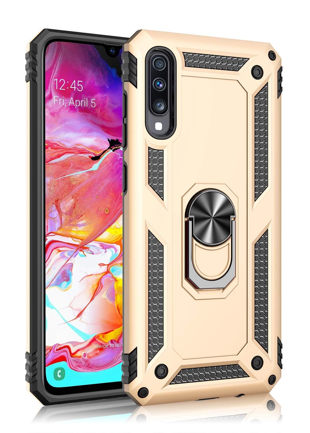 SORAKA Case for Samsung Galaxy A70 with Ring Holder Armor Case Samsung Galaxy A70 Case Soft TPU Bumper Hard PC Back Cover with Metal Plate for Magnetic Phone Car Mount Gold