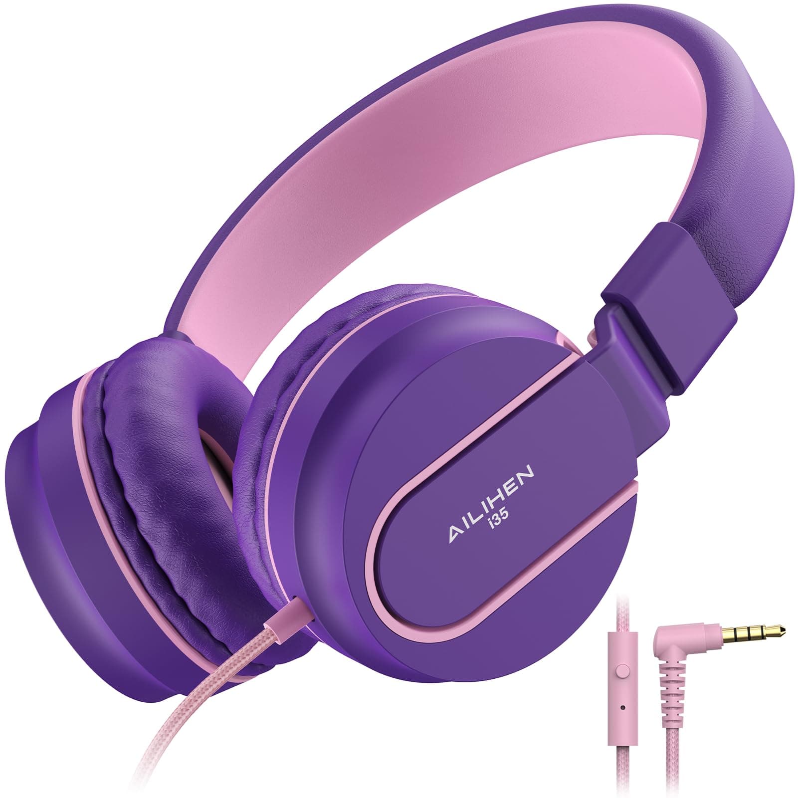 AILIHEN I35 Kid Headphones with Microphone Volume Limited 93dB Children Girls Boys Teen Lightweight Foldable Wired Headset for School Online Course Chromebook Cellphones Tablets (Pink Purple)
