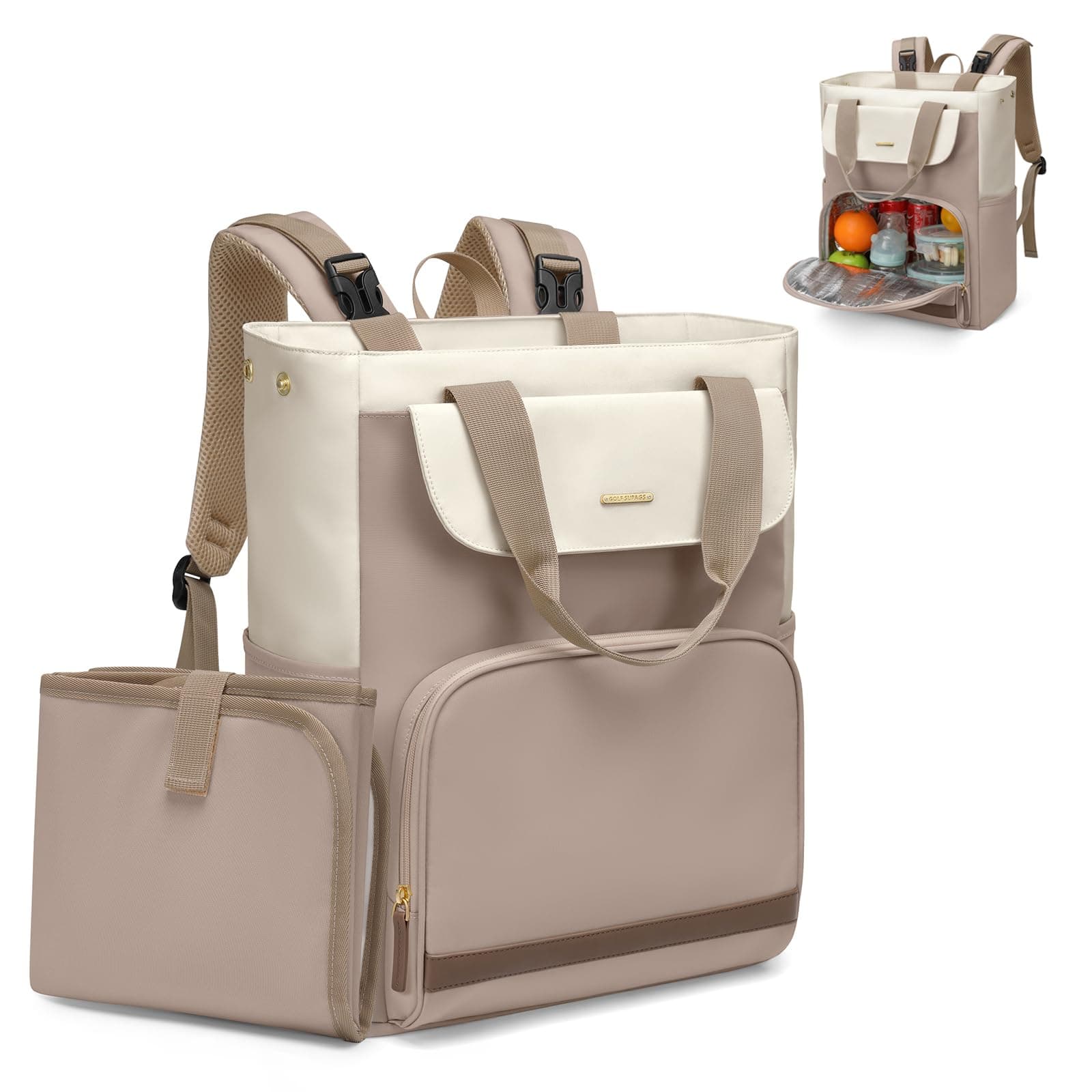 Diaper Bag Backpack with Portable Changing Pad 25L Baby Bag Insulated lunch box Backpack Fits 17.3" Laptop (Champagne & White)