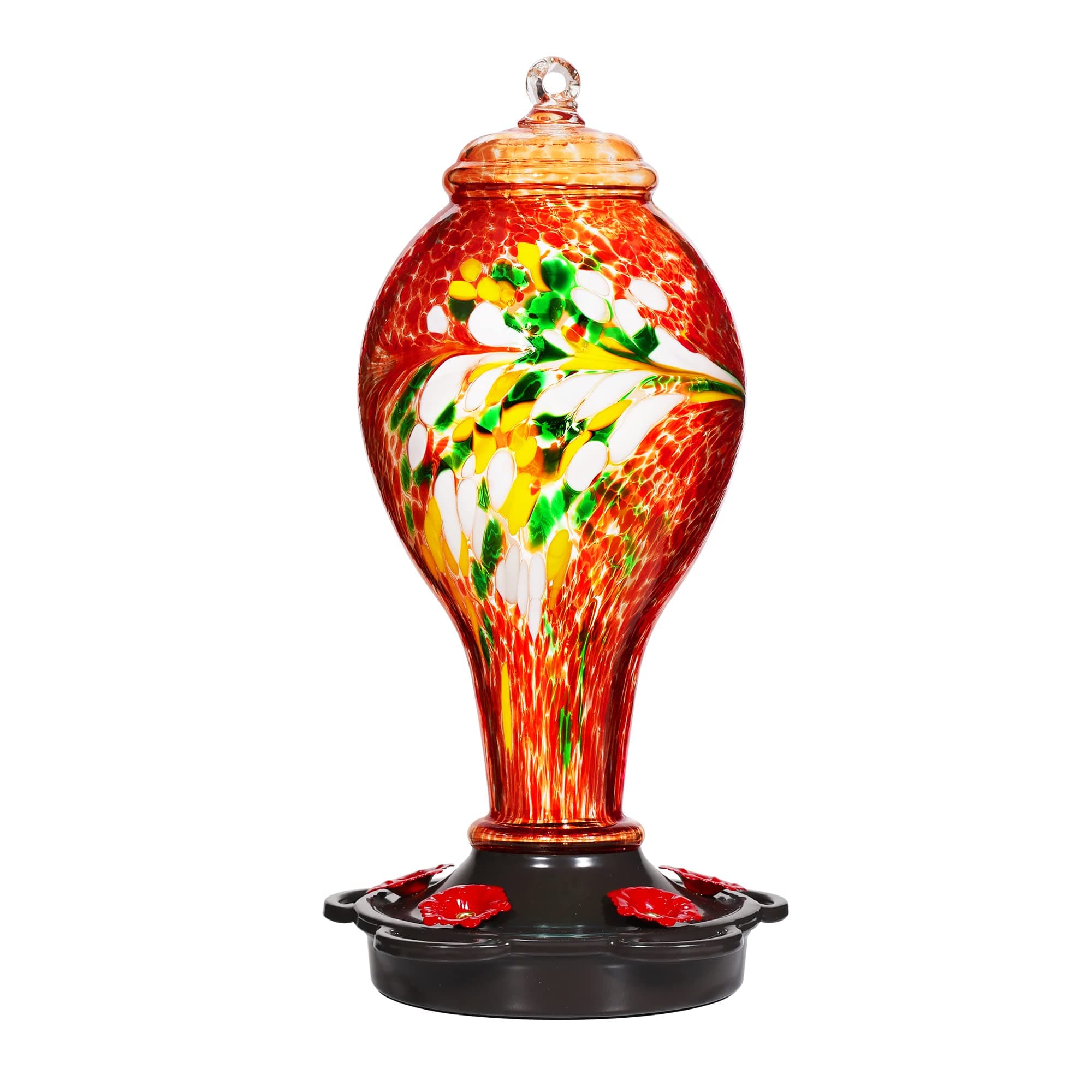 LUJII Hummingbird Feeder for Outdoors, Hand Blown Glass Humming Bird Feeder,Anti Fade Leakproof with 25 Ounces Nectar Capacit,Easy to Install Clean Filling,Include Hook&Ant Moat(Red)