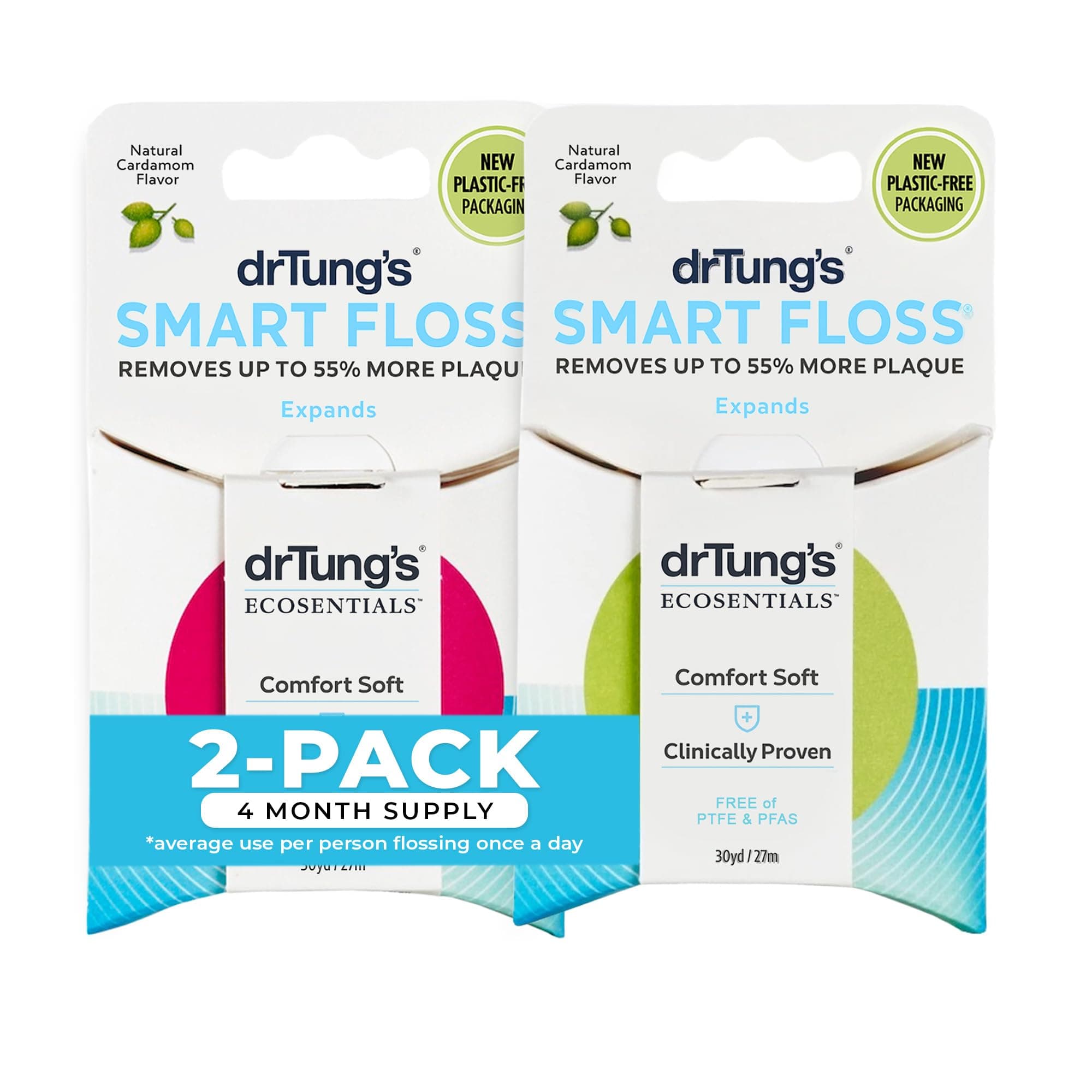 DrTung's Smart Floss - Natural, PTFE & PFAS Free Floss, Gentle on Gums, Expands & Stretches, BPA Free Floss - Natural Dental Floss Cardamom Flavor (Pack of 2)