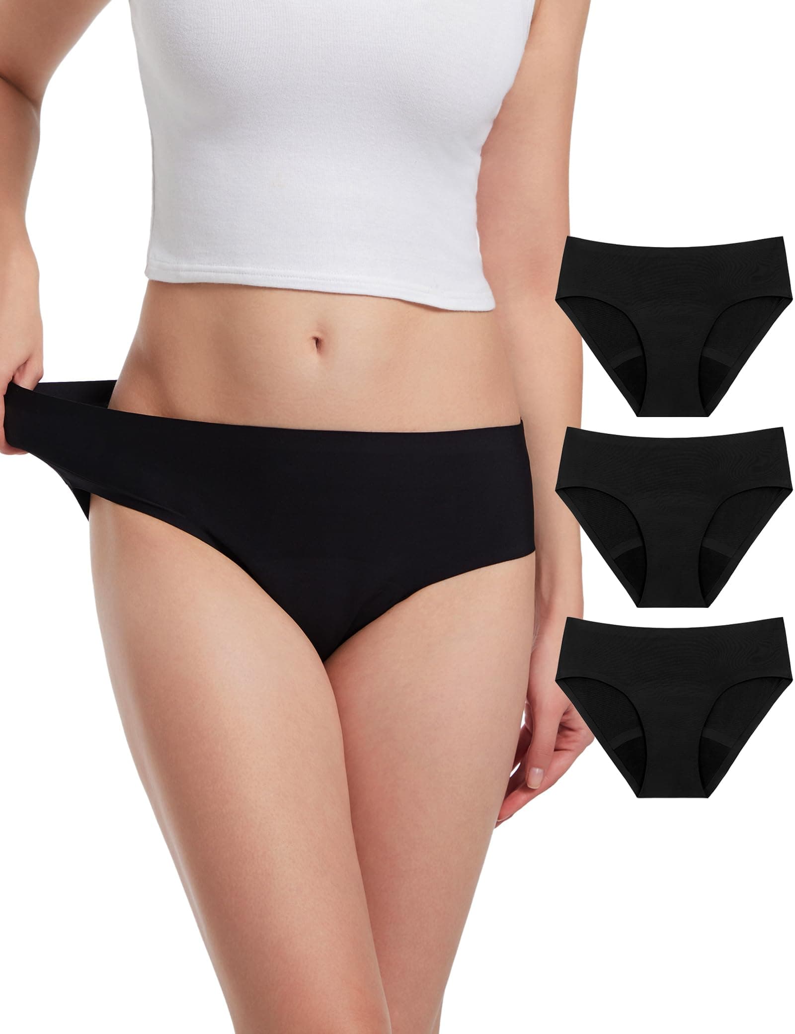 EcoPeriod Period Underwear for Women Heavy Flow Seamless LeakProof Menstrual Underwear No Show Period Panties, #Black 3 Pack, Small-Medium