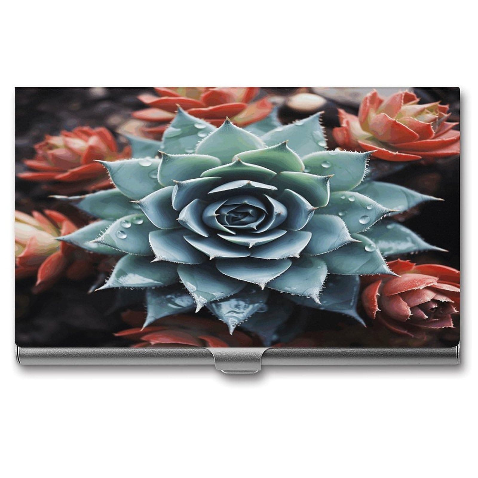 FekiLoot Succulent Plant Business Card Holder Ultra-thin Portable Aluminum Alloy Business Card Case Waterproof Large Capacity Flip Cover Name Cards Organizer for Women Men