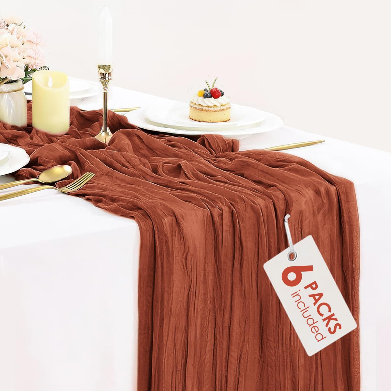 6 Pack Terracotta Cheesecloth Table Runner 10ft, Rustic Sheer Burnt Orange Gauze Cheese Cloth Table Runner for Boho Holiday Season Parties Wedding Bridal Baby Shower