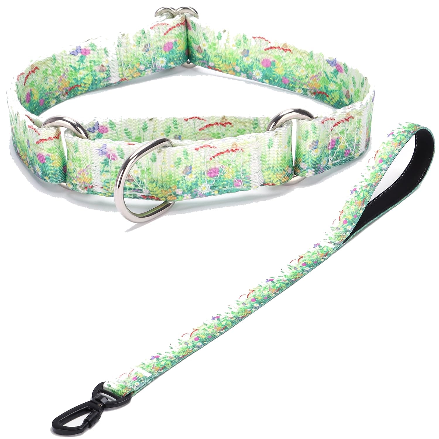 Pimaodog Heavy Duty Nylon Dog Collar, Adjustable Martingale Dog Collar for Walking Training Boy and Girl Dogs Medium Large Dogs (L:45-53CM, Grass Flowers Set)