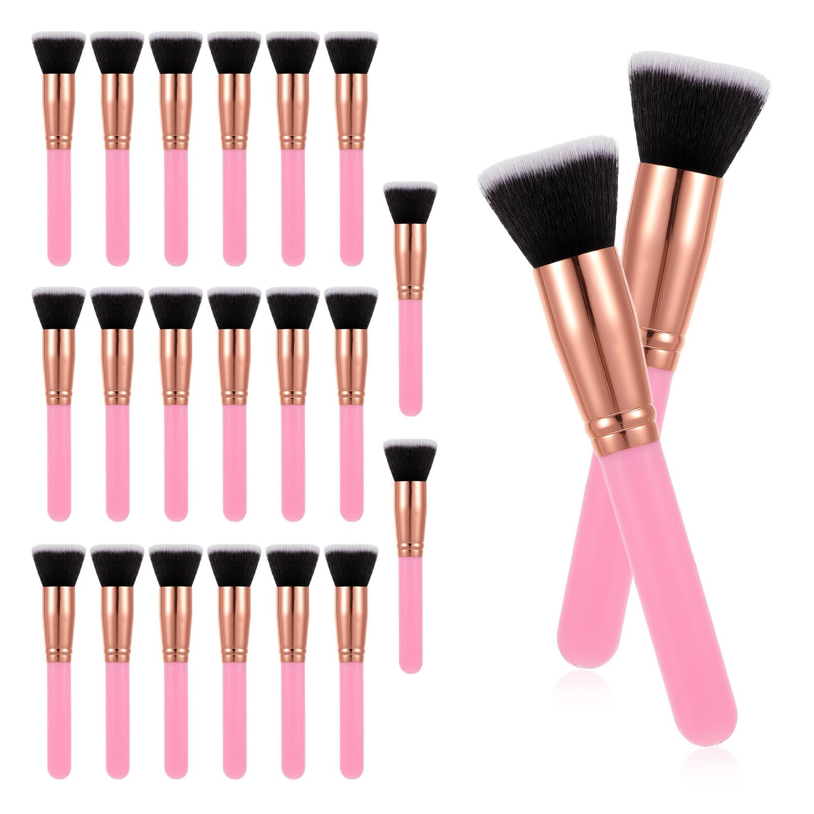 PercyEffie 20 PCS Pink Makeup Brushes Bulk, Flat Top Foundation Brushes Bulk, Liquid/Cream/Powder, Eye Shadow Blending Contour Blush for Wedding Artist, Blending, Buffing, Stippling Face Makeup Tools