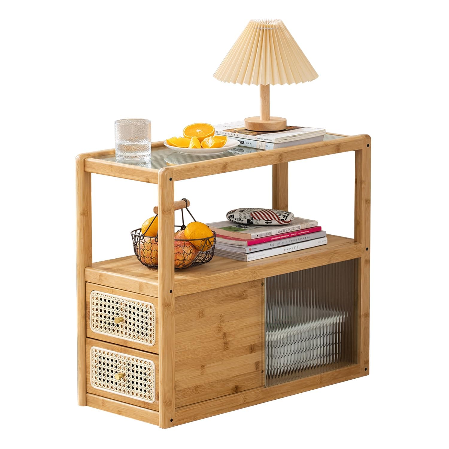 ABAMFUR Rattan Nightstand Side Table, Bamboo Accent Bedside Tables, Glass Coffee Tables,Walnut