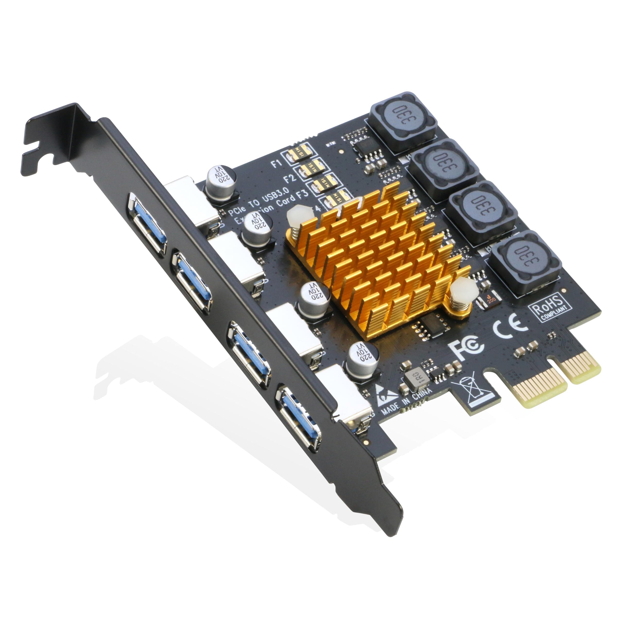 RIITOP USB 3.0 PCIe Card 4-Port PCI Express x1 to USB 3.0 Expansion Adapter Internal USB3 HUB on PC for Win 11/10 (No Additional Power Required), PCET4U3-N