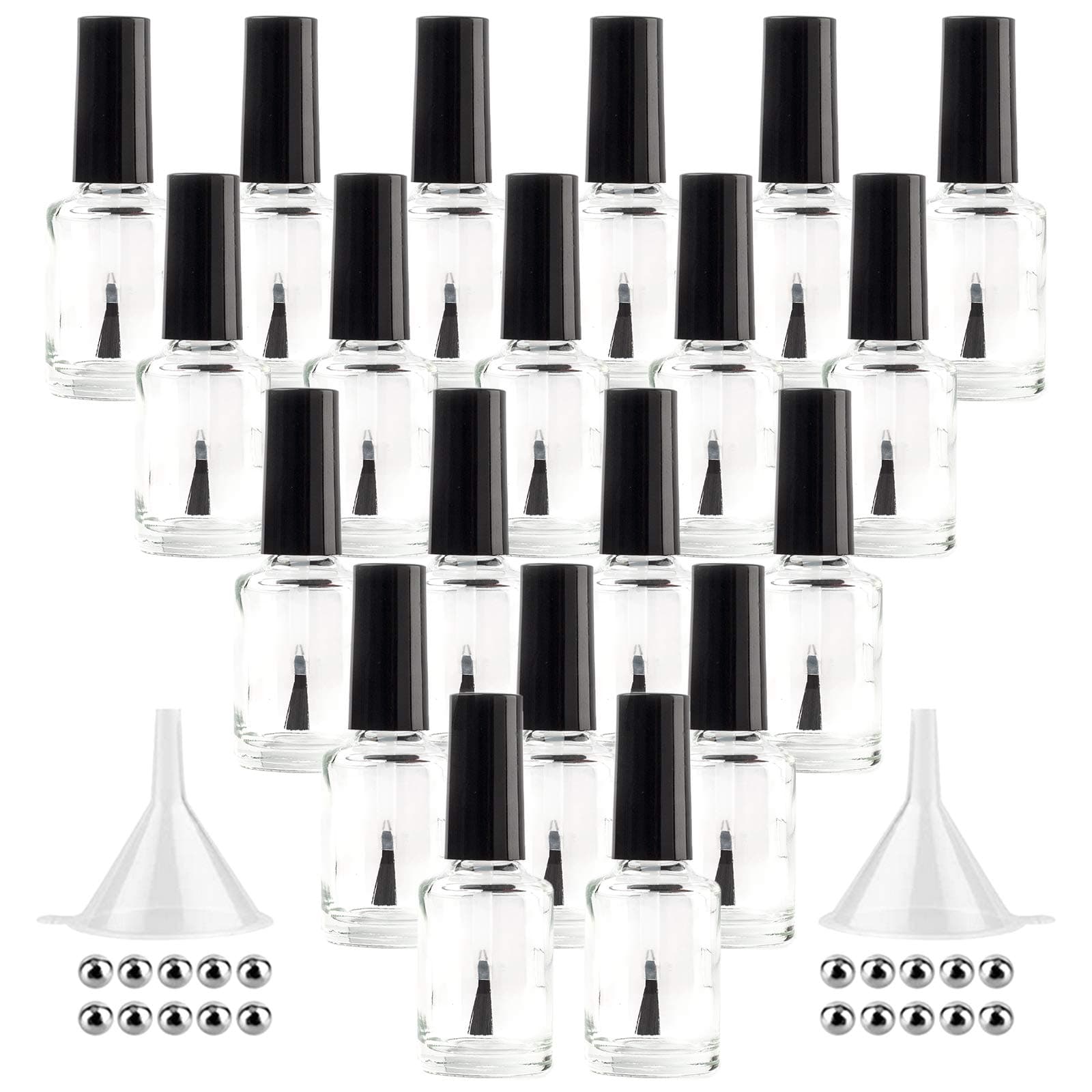 GTHER 20PCS Empty Nail Polish Bottles, Clear Glass Refillable Bottles Container with Brush Cap & Funnel & Mixing Balls for Nail Art, Clear, 15ML, 15ML