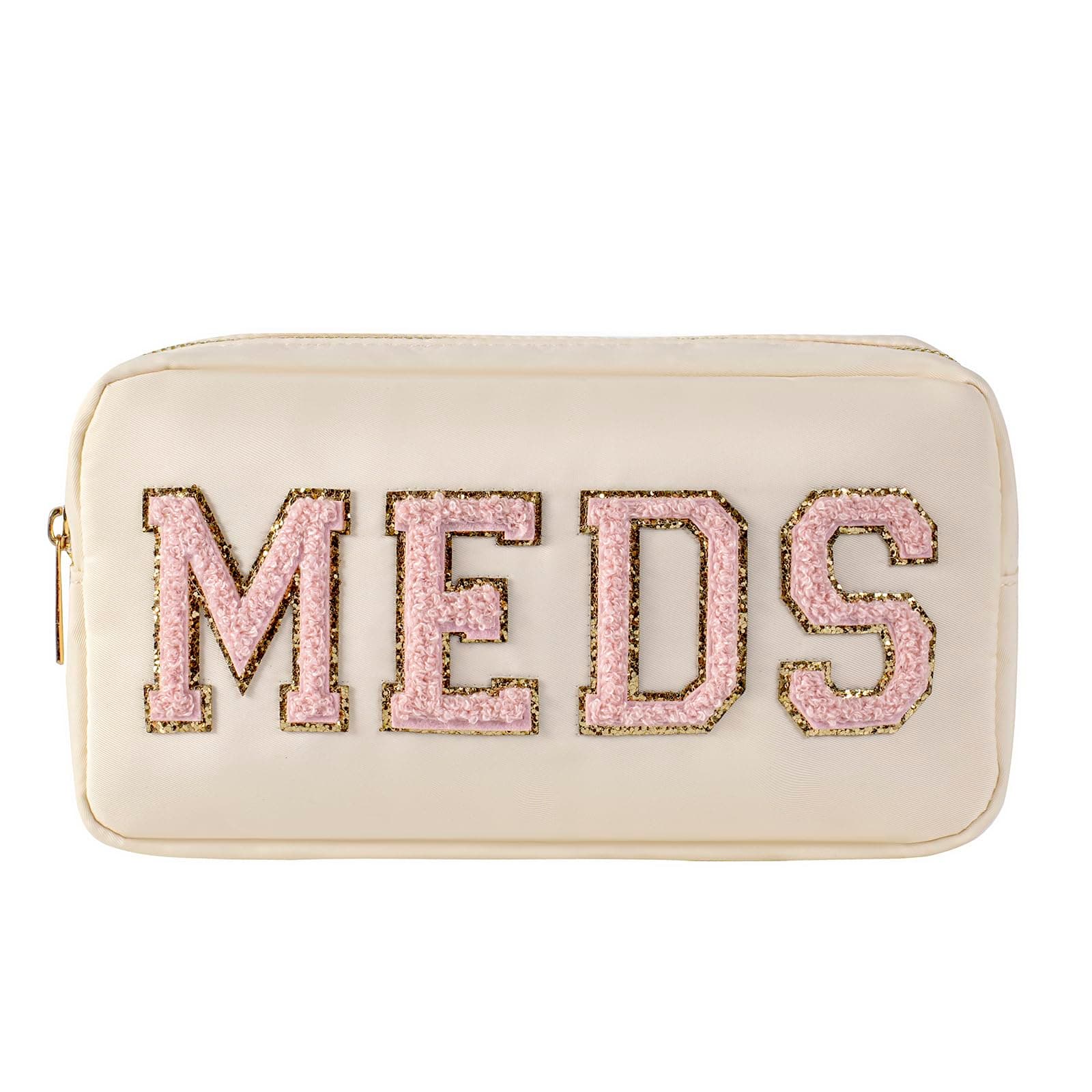 uekeboag Personalized Chenille Letter Patch MEDS Bag,Cute Nylon Drug Medicine Travel Makeup Bag with Zipper, Preppy Vitamin Organizer Bag for Women and Girls, 02Beige-Pink, Medium, Cute