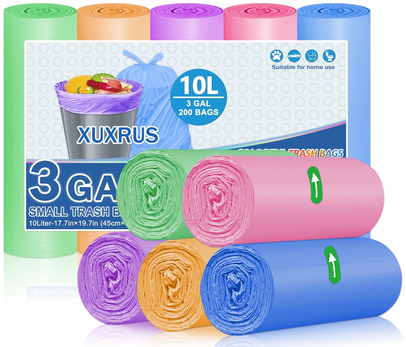 XUXRUS 10L Garbage Bags, Colorful Food Wast Bags, Small Trash Bags, 200 Bag