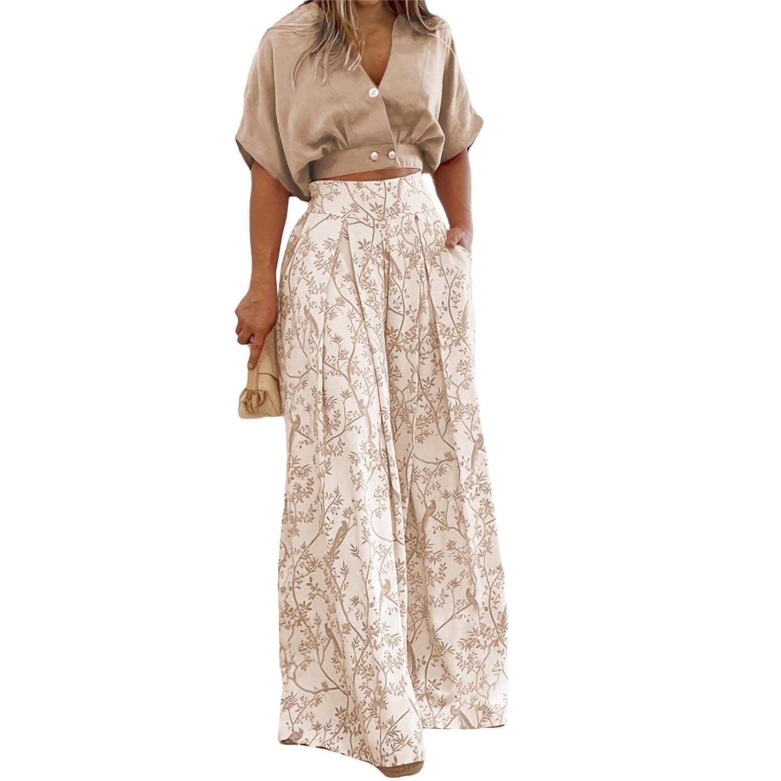 Rianclud Spring Summer 2 Piece Sets for Women Casual Short Sleeve V Neck Tops Wide Leg Pants Matching Set Business Suits