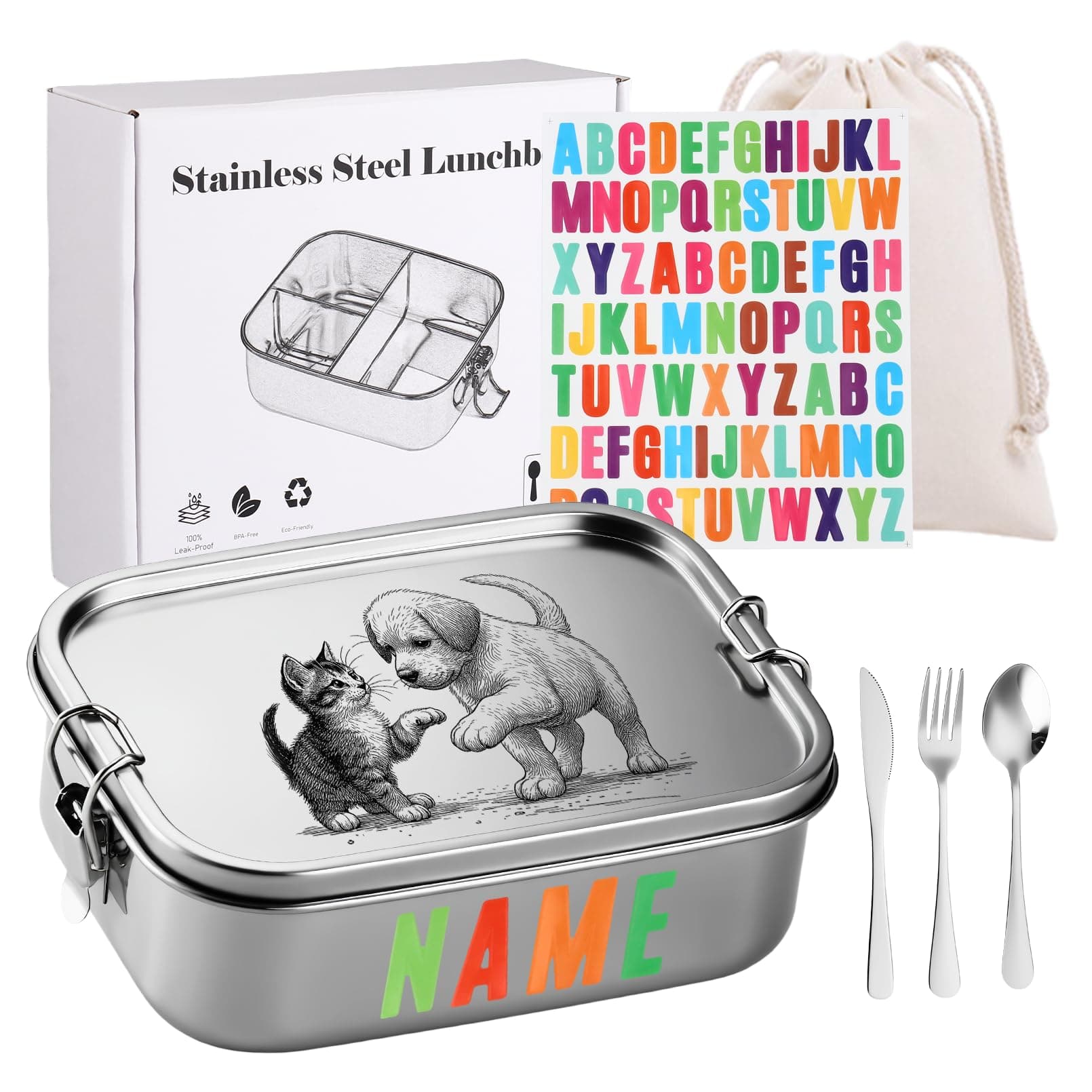 Stainless Steel Lunch Box,Bento Box with Fork and Spoon Featuring 3 compartments Metal Lunchbox Engraved Pattern with Lockable Clips to Leak Proof (Cat and Dog, 1000ML)