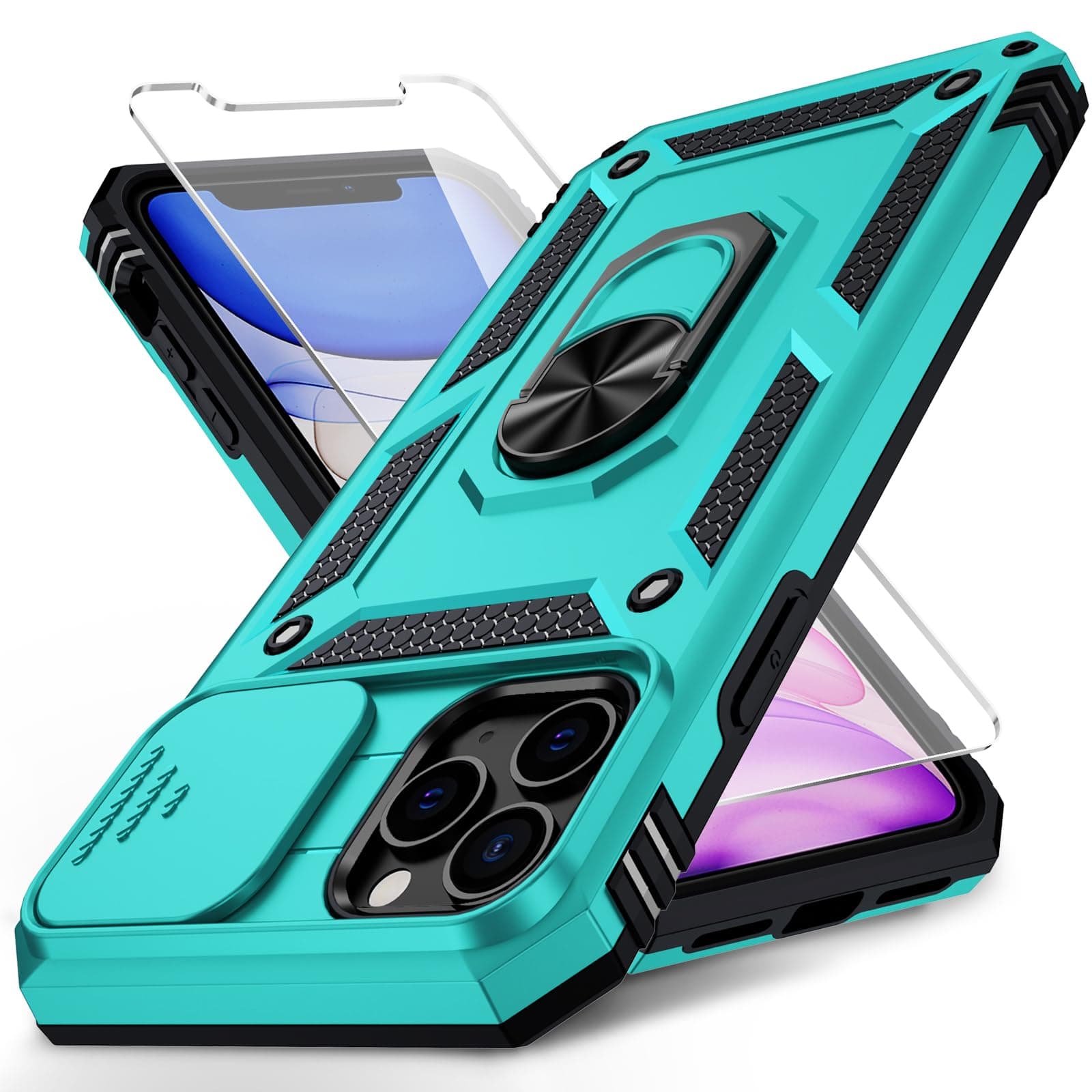 for iPhone 11 Pro Max Case with Camera Lens Cover, HD Screen Protector, 10 FT Military Grade Drop Protection, Magnetic Ring Holder Kickstand Protective Phone Case for iPhone 11 Pro Max, Ice Green
