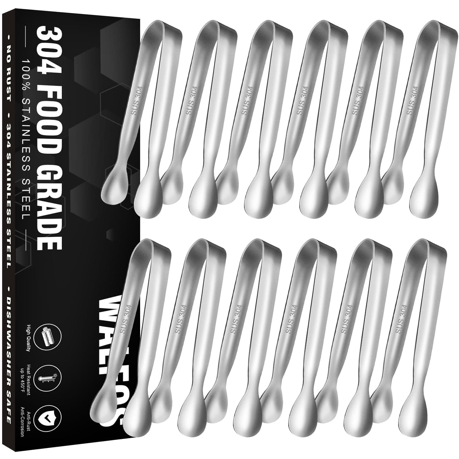 Walfos Mini Tongs - 12 Pack Small Serving Tongs, 4.25 inch 304 Stainless Steel Kitchen Tongs for Appetizers, Parties Catering, Sugar, Desserts, Coffee Bar, Tea Party (Silver)