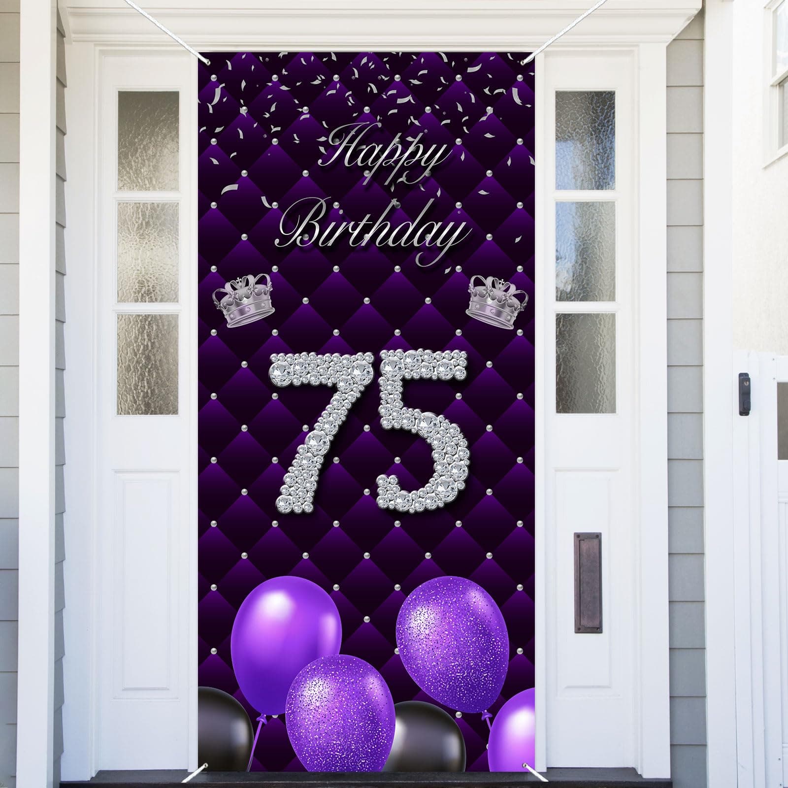 Happy 75th Birthday Purple Banner Backdrop Photo Booth Props Balloons Silver Crown Theme Decor for Woman Seventy Five Year Anniversary 75 years Old Birthday Party Favors Supplies Decorations