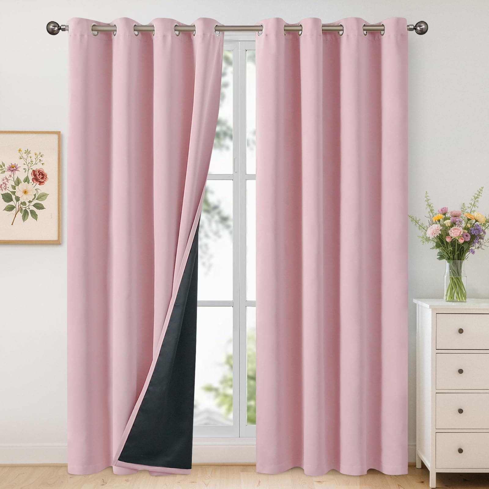 YoungsTex 100% Blackout Curtains 84 Inches Length for Kids Bedroom, Thick Full Light Blocking Thermal Insulated Blackout Window Drapes with Liner, Baby Pink, 2 Panels, 52 X 84 Inch