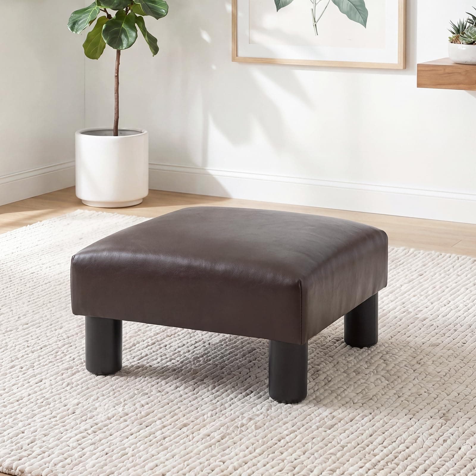 Joveco Small Foot Rest Stool Ottoman, 15" Leather Footrest Square Footstool with Non-Skid Plastic Legs, for Chair, Under Desk, Office, Living Room, Brown