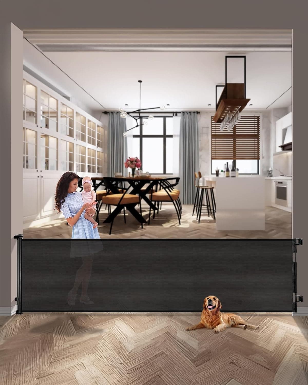 dearlomum Retractable Baby Gate,Mesh Baby Extra Wide Gate,Extra Long Dog Gate,33" Tall,Large Extends up to 118" Wide,Child Safety Extra Large Gate for Doorways, Stairs, Indoor/Outdoor(Black,33"x118")