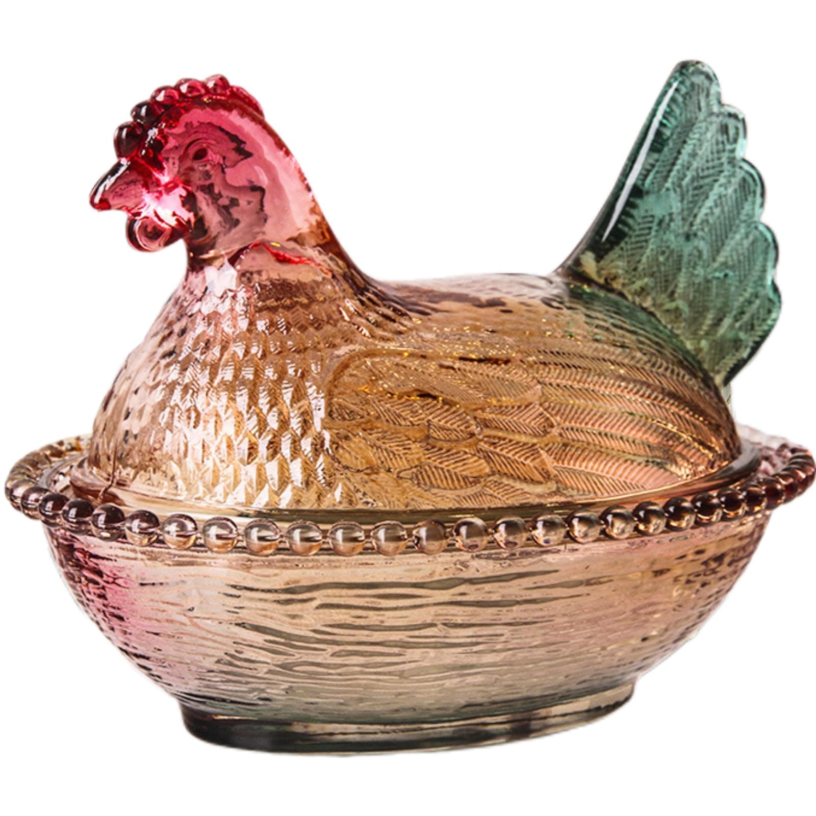 Falytemow Glass Crystal Hen-Shaped Candy Dish, Creative Chicken Design Fruit Bowl with Lid for Tabletop Decoration, Dessert Snack Plate for Home, Office, Wedding Decor (Amber)