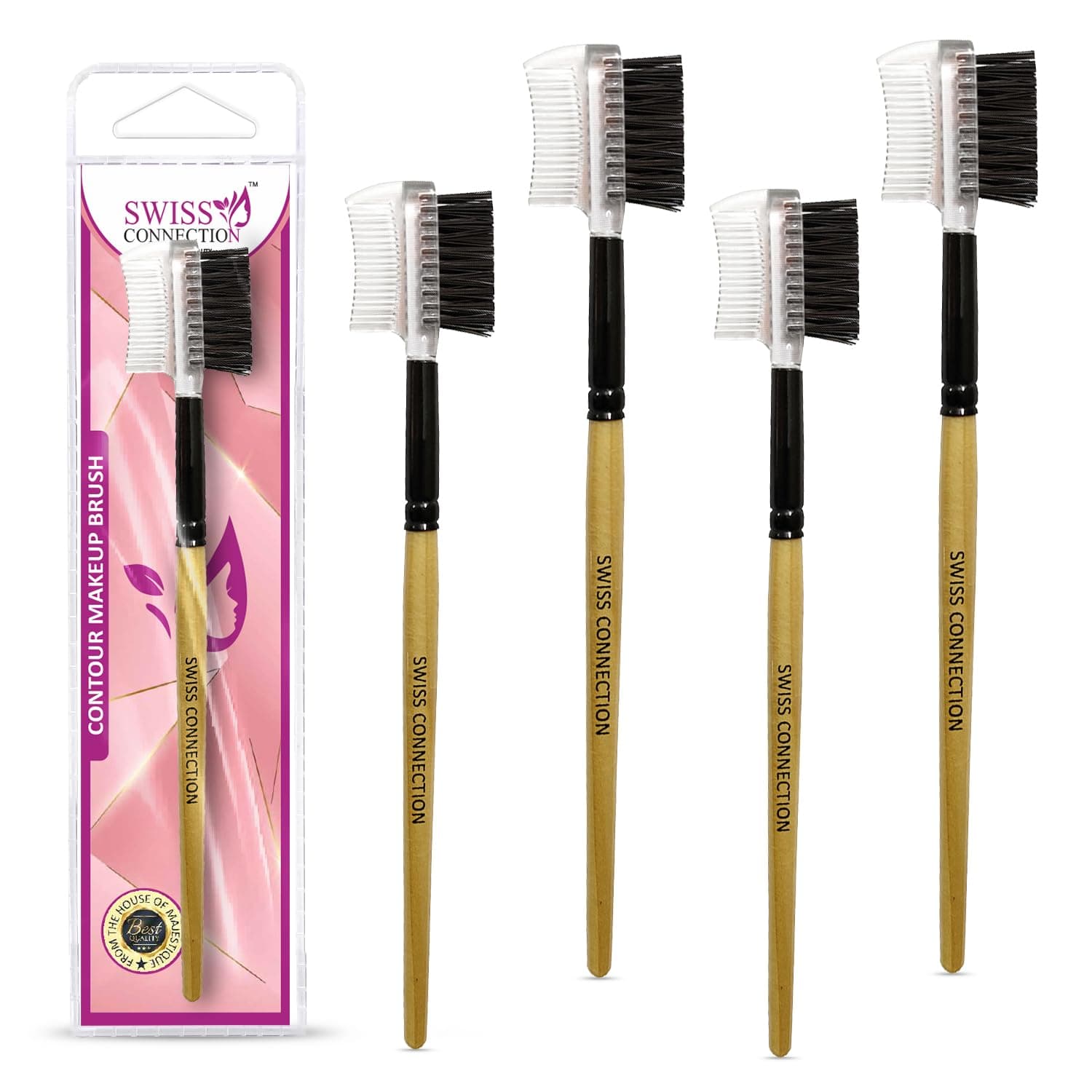 Swiss Connection 2 In 1 Eyelash Comb, Shaper & Eyebrow Brush Double Head, Lash Shaping Makeup Tool For Women, Girls || Brushes For Separating Lashes, Mascara, Wooden Handle (Pack of 4)