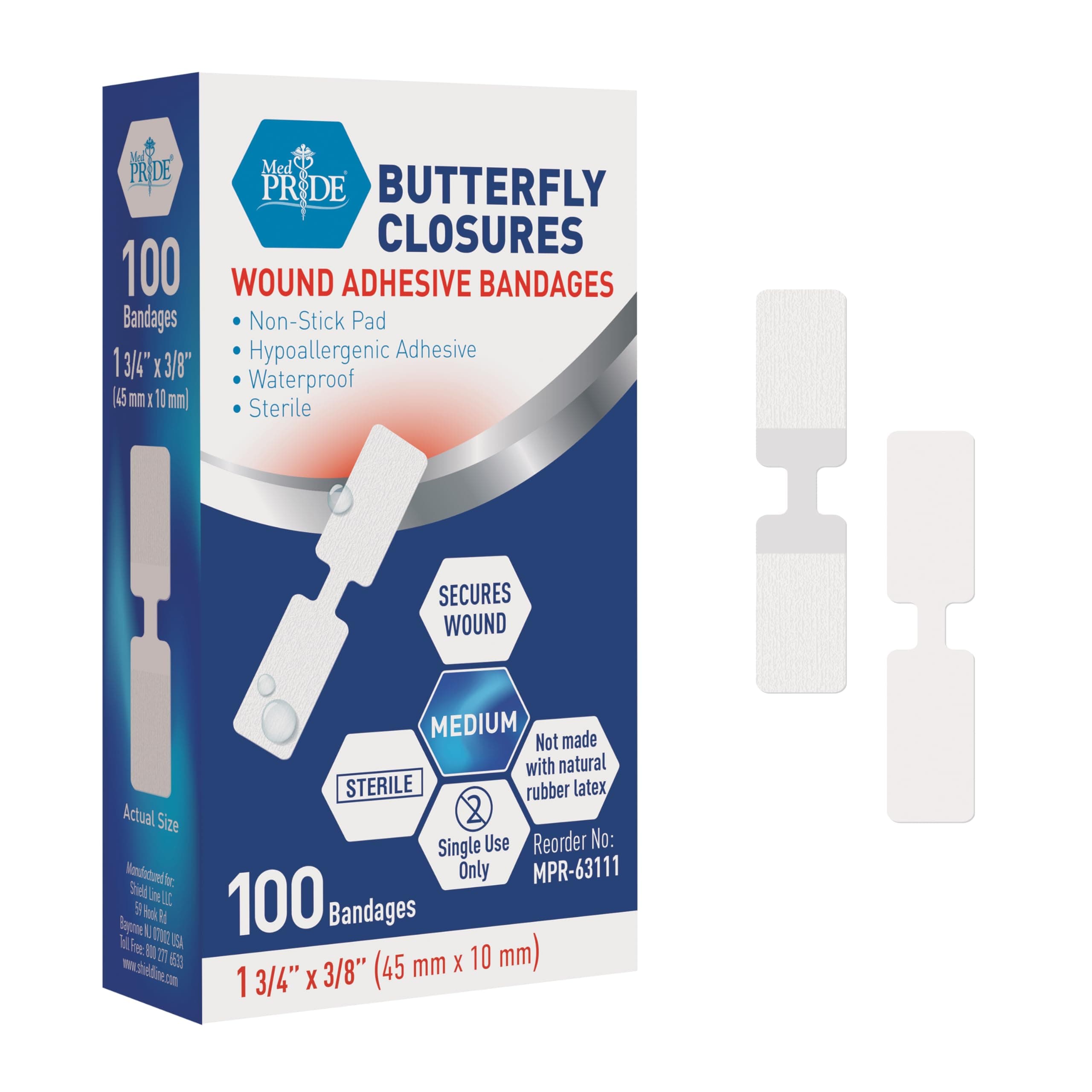 MED PRIDE Paquete de 100 tiras de mariposa para el cierre de heridas, antiadherentes, hipoalergénicas, sin látex, para cortes y lesiones (tamaño mediano)