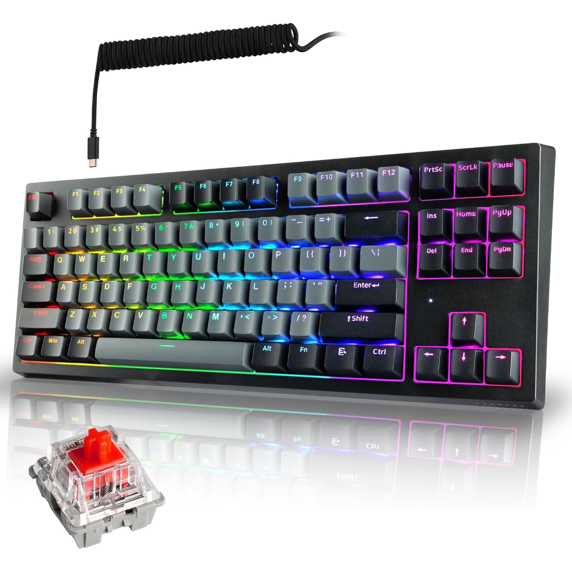 TECWARE Phantom+ Elite 87 Key RGB Mechanical Gaming Keyboard | 3 Mode Wireless Bluetooth 5.0 2.4GHz & USB C Wired | Hot Swappable 5 Pin | Double Shot PBT Keycaps | Wraith Red Switch - Black