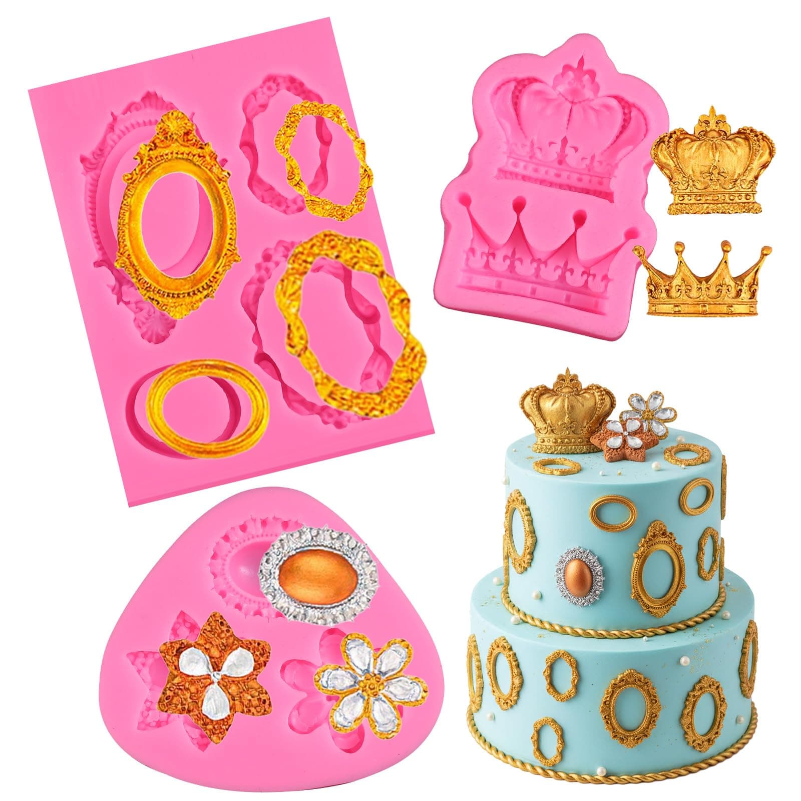 3 Pcs Baroque Frame Mold, Baroque Style Frame Molds for Chocolate, Silicone Molds for Cake, Candy, Donut, Fondant Decoration, and Clay Craft Making (Pink)