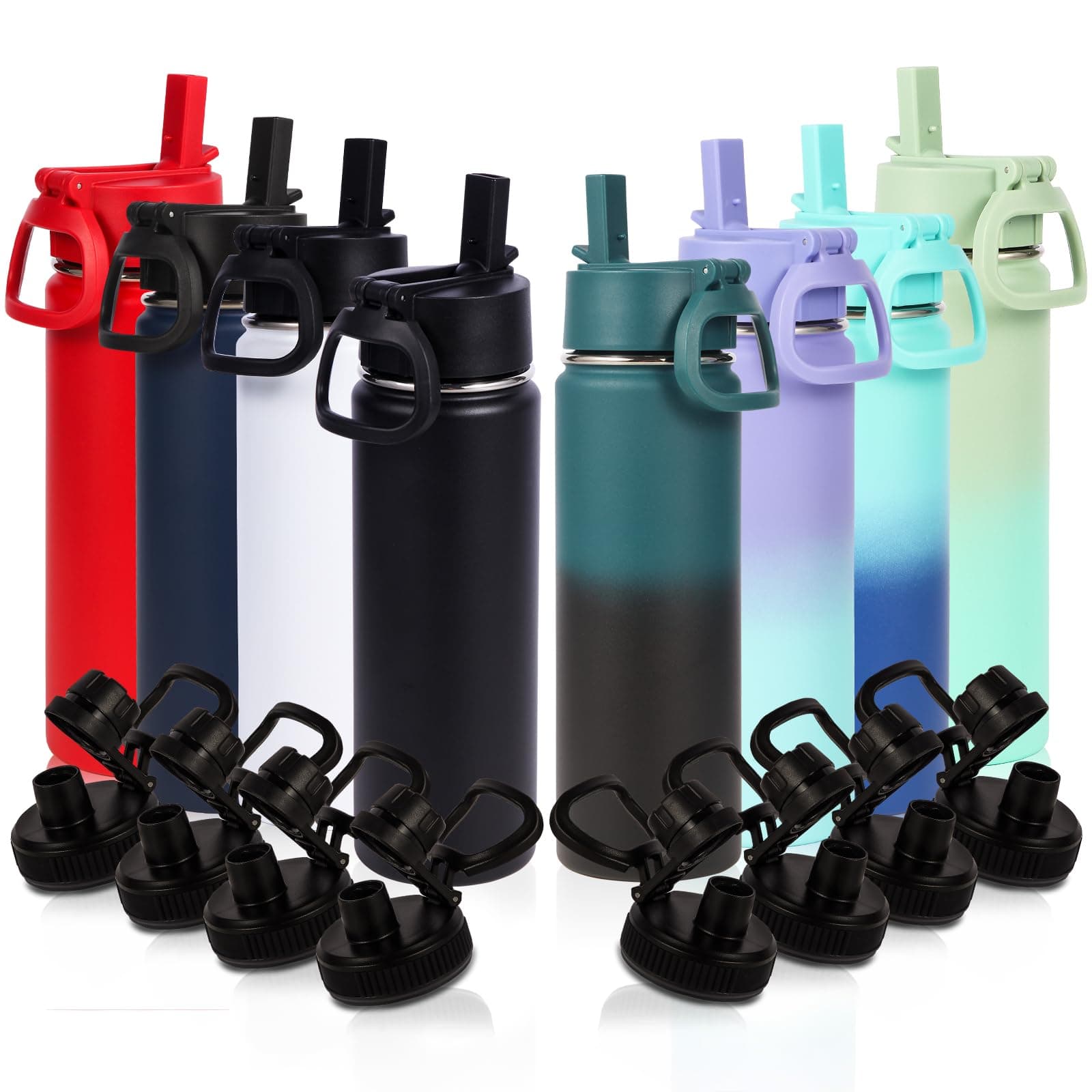 Volhoply 20oz Insulated Stainless Steel Water Bottle with Straw Lid Bulk 8 Pack,Kids Double Wall Vacuum Cups with Handle,Reusable Outdoor Sports Camping Metal Bottles,Travel Flask Keep Cold(Mix,8)