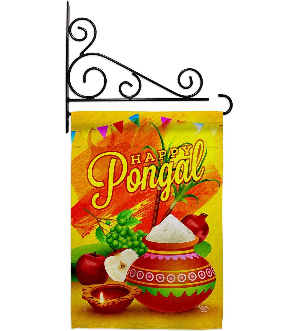 Happy Pongal Wall Art Home Decor Banner Room Flag Pole Patio Lawn Garden Outdoor Decorations Indoor Tapestry Yard Sign Hindu Harvest Festival Indian Surya Mattu Bhogi Makar Sankranti Gift Made in USA