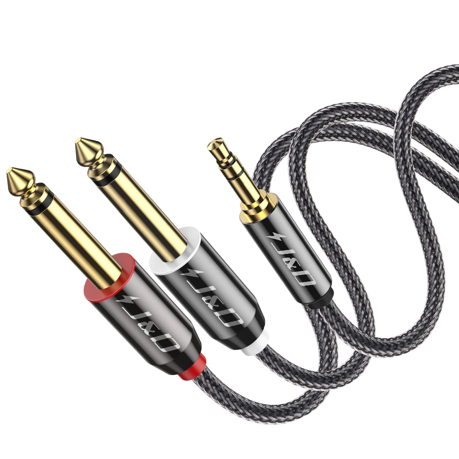 J&D 3.5mm to 6.35mm Audio Cable, Gold-Plated Mini Jack TRS Stereo to Dual 6.35mm TS Mono Y-Splitter Audio Cable Breakout Cord Lead with Nylon Braid for Laptop, Home Theater Devices, Amplifiers, 60 cm