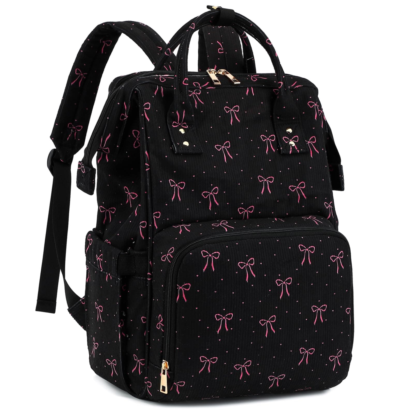 Qiwuphx Corduroy Diaper Bag Backpack for Mom, Large Capacity Travel Nappy Bag for Baby Girls & Boys with Stroller Straps (Corduroy Bow Black)