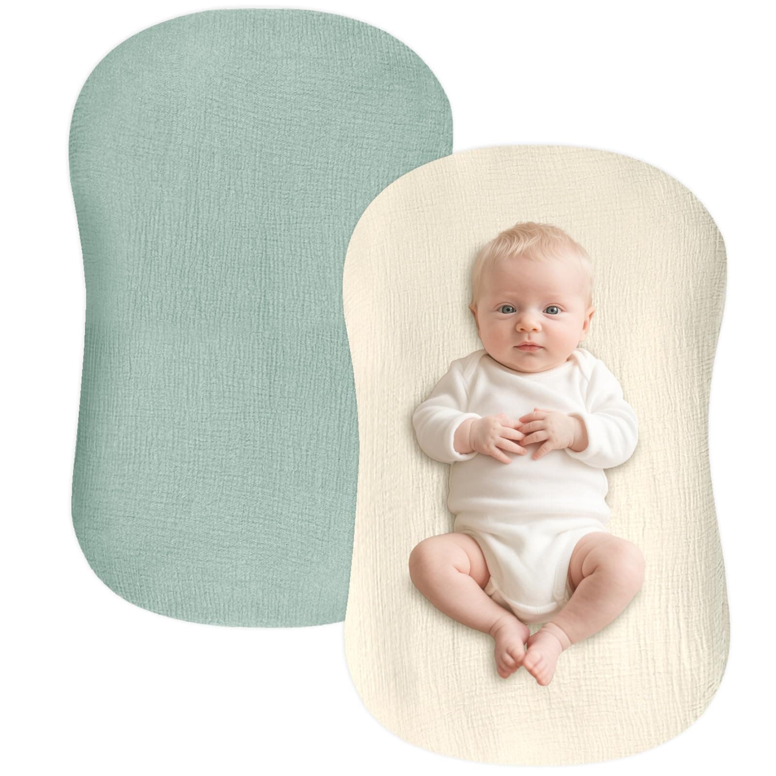 Hooyax Muslin Baby Lounger Cover 2 Pack, Soft and Breathable Newborn Lounger Cover, Adorable Baby Nest Slipcover for Boys Girls, Covers Only (Green, Wheat)