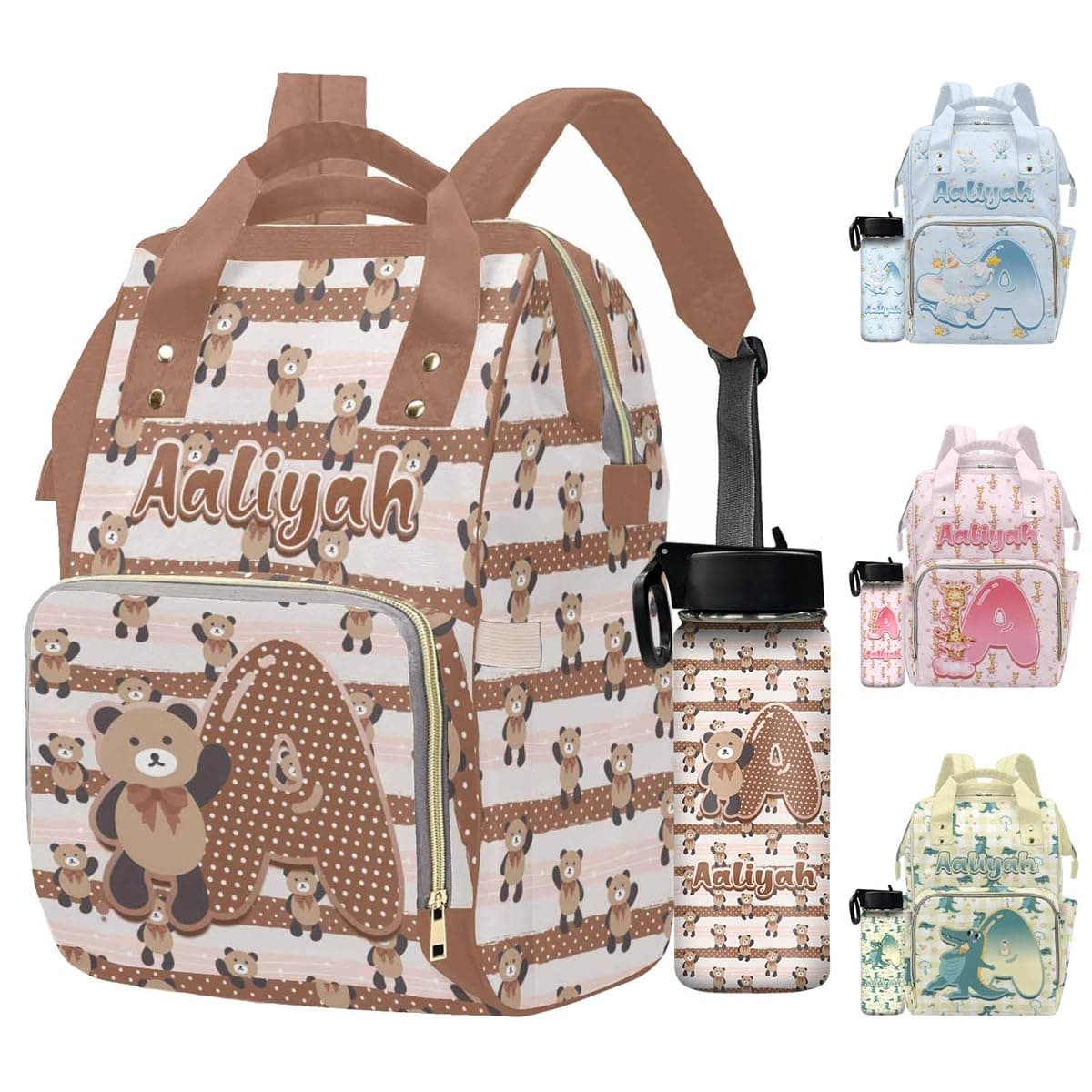 Newcos Personalized Diaper Bag for Boys Baby, Custom Animal Diapers Bags with Name, Newborn Mommy Backpack with Water Bottle Nappy Tote for Women Men Mom Baby Boy Girls Brown