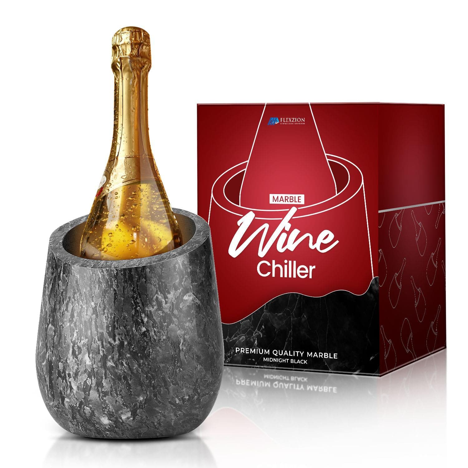 Flexzion Marble Wine Chiller Bucket for Bottles – Black Champagne Cooler & Multi-Purpose Marble Utensil Holder for Kitchen – Adaptable Stone Wine Bottle Chiller for Bar, Home Decor, Fits 750ml Bottles