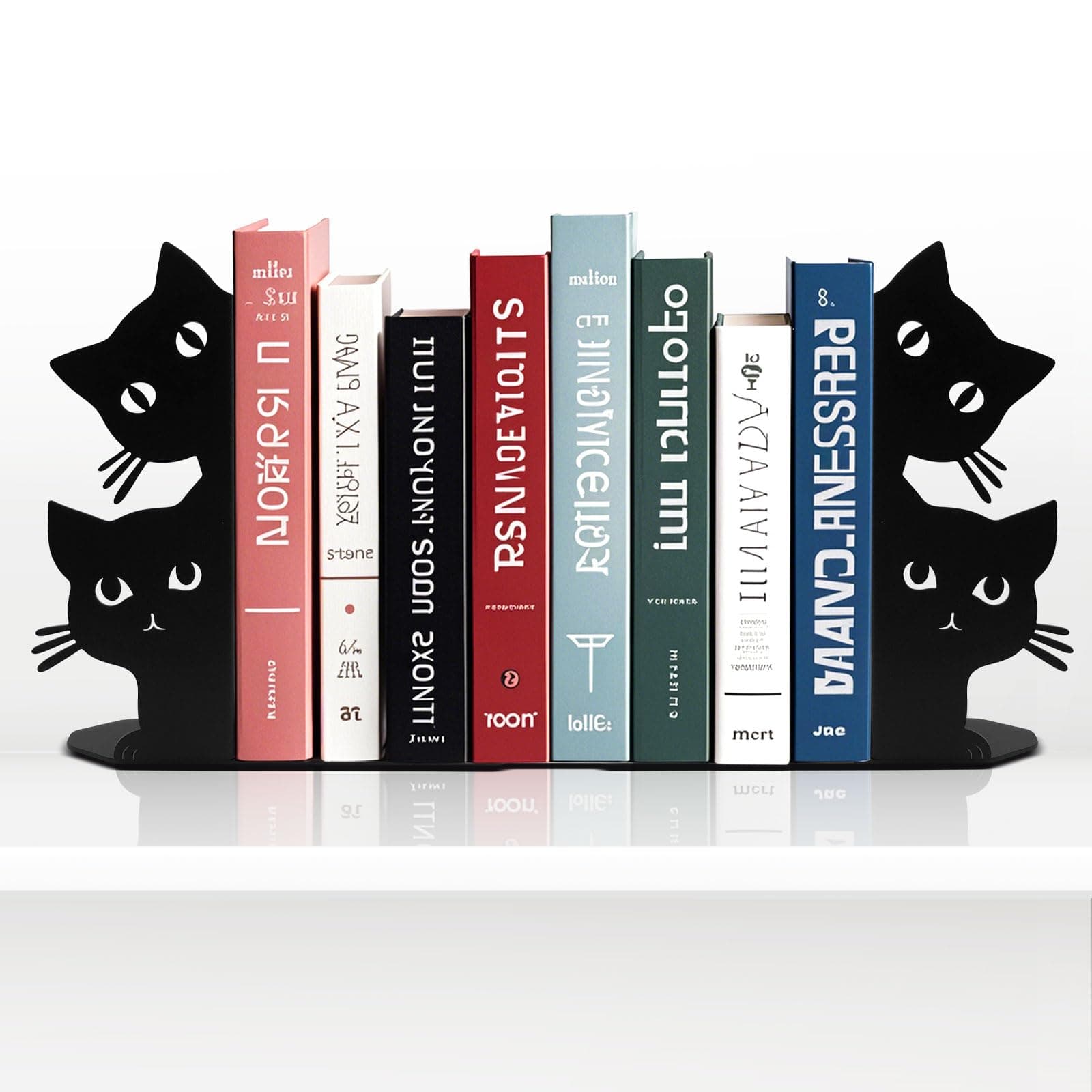 Peeping Cat Bookends for Shelves Decorative, Metal Book Ends for Heavy Books Book Stopper for Office Home Cute Desk Bookshelf Decor Cat Lover Gifts for Women (Black)