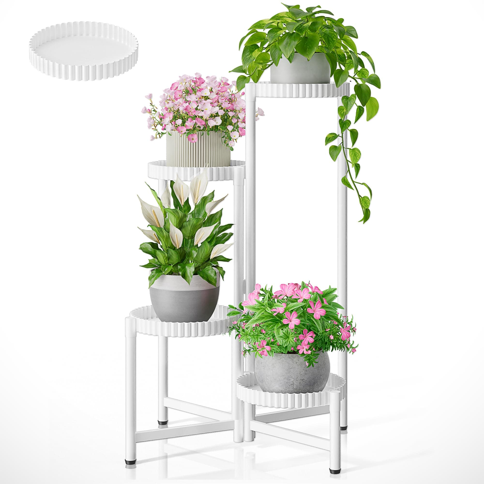 NQW Metal Corner Plant Stand Indoor Outdoor, 4 Tier Tall Flower Pot Holder Potted Display Rack Shelf, Heavy Duty Flodable Plant Shelf for Patio Garden Balcony Living Room Bedroom - WhiteFloroma