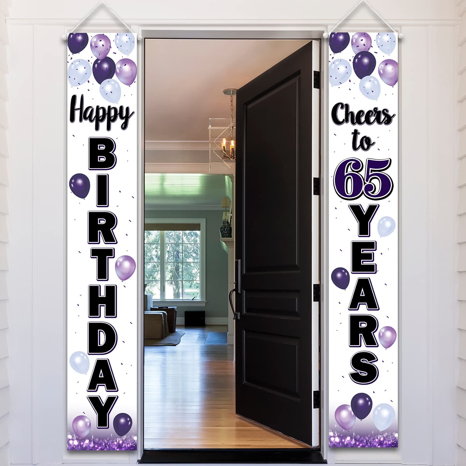 LASKYER Happy 65th Birthday Decorations,65th Purple Balloon Birthday Theme Door Hanging Banner Sign,65 Years Old Bday Party Supplies.