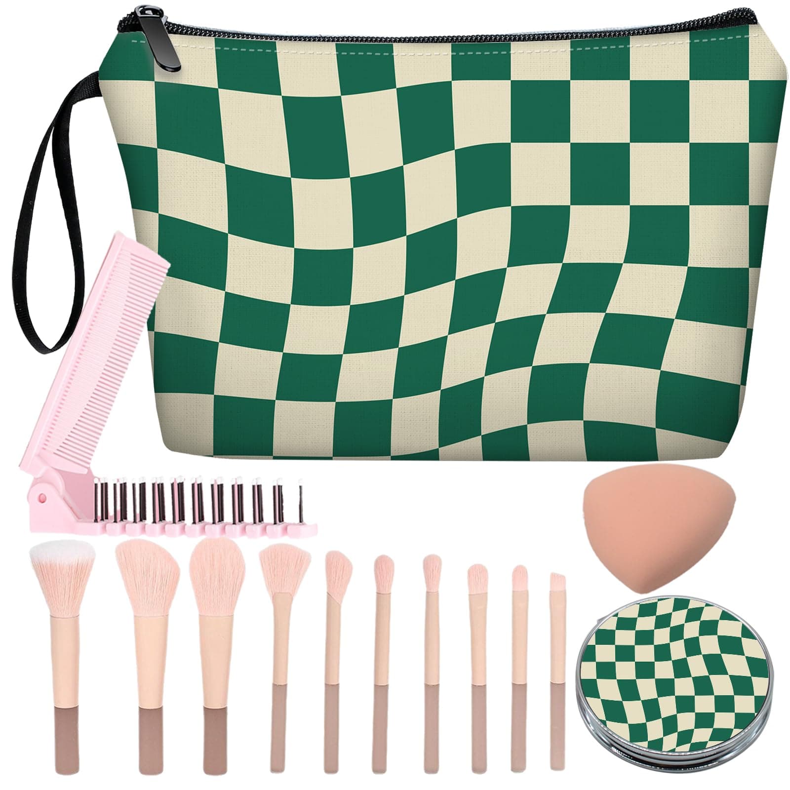 JIEXAGEZOS Personalized Makeup Bag with Mirror ,Bride Bridesmaid Cosmetic bag with10 pieces brush set,Birthday Gifts for Women Mom, Gifts for Best Friend, Checkered Green, black-large, Minimalist