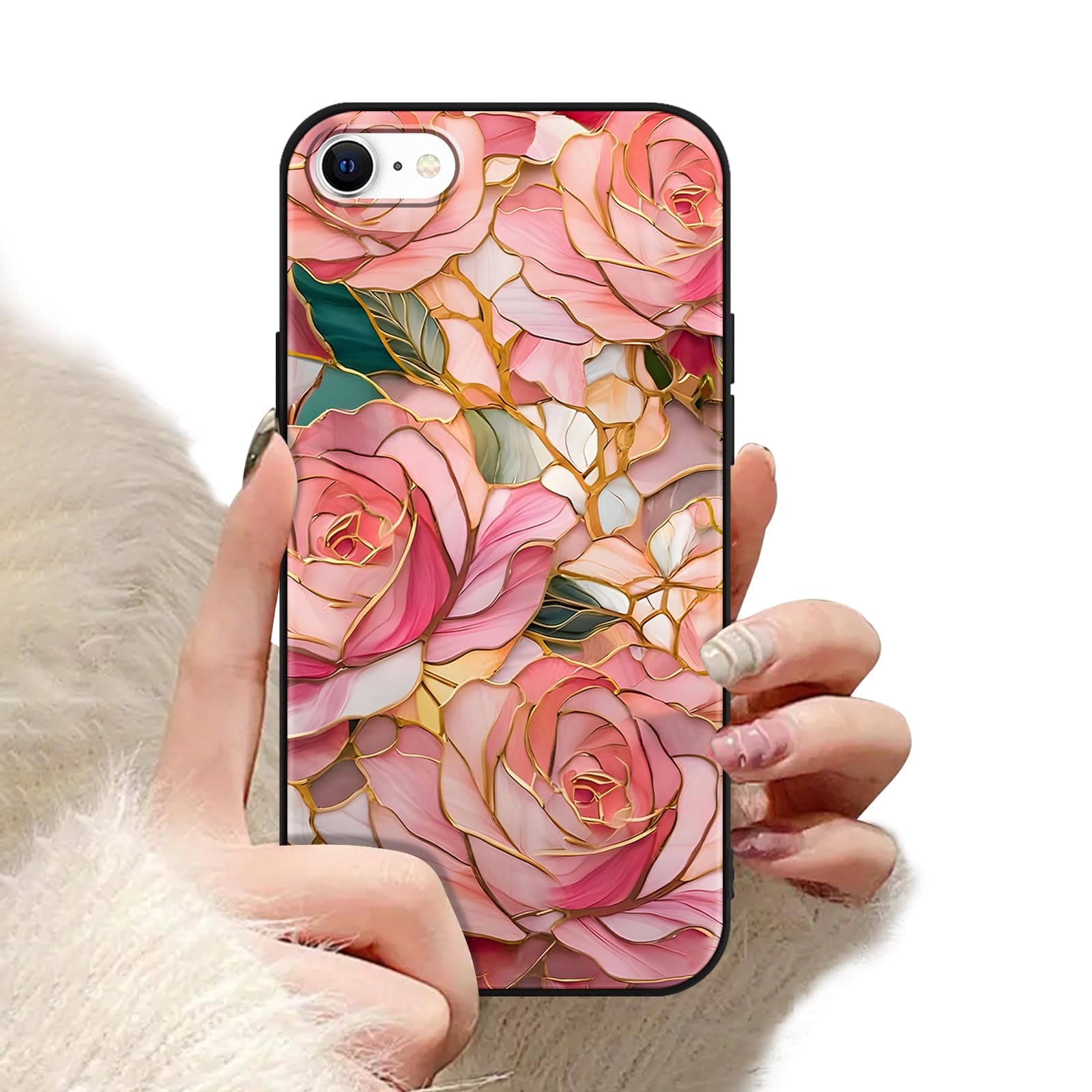 Aoldimu Pretty Stained Glass Flower Phone Case for iPhone 16e/iPhone 17e 6.1", Cute Pink Relief Rose Floral Relief Engraved Pattern Design Cover for Girls Women, Soft TPU Protective Cases