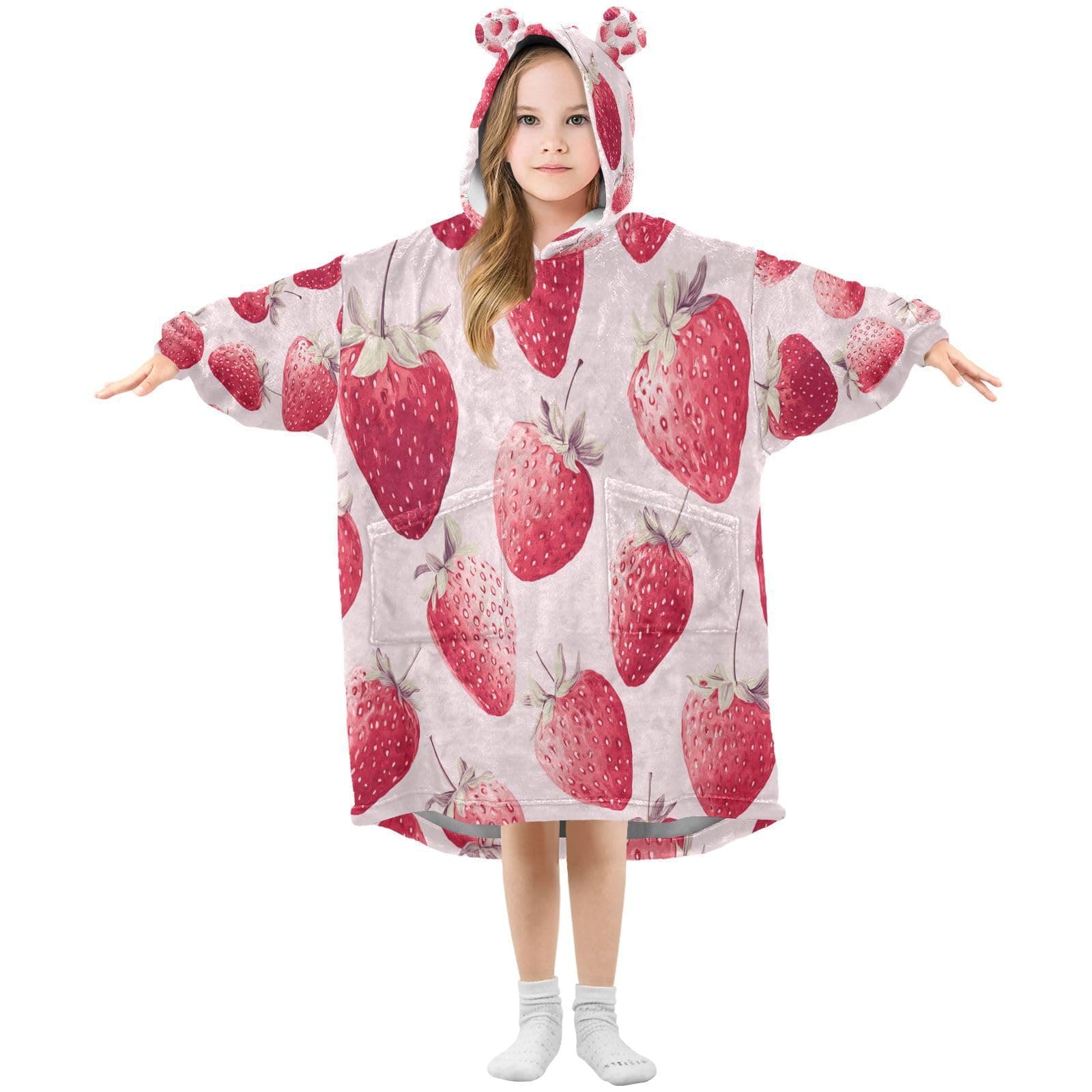 Caikeny Pink Strawberries Kids Wearable Blanket Oversized Hoodie with Pocket for Girl Boy 3-14Y S