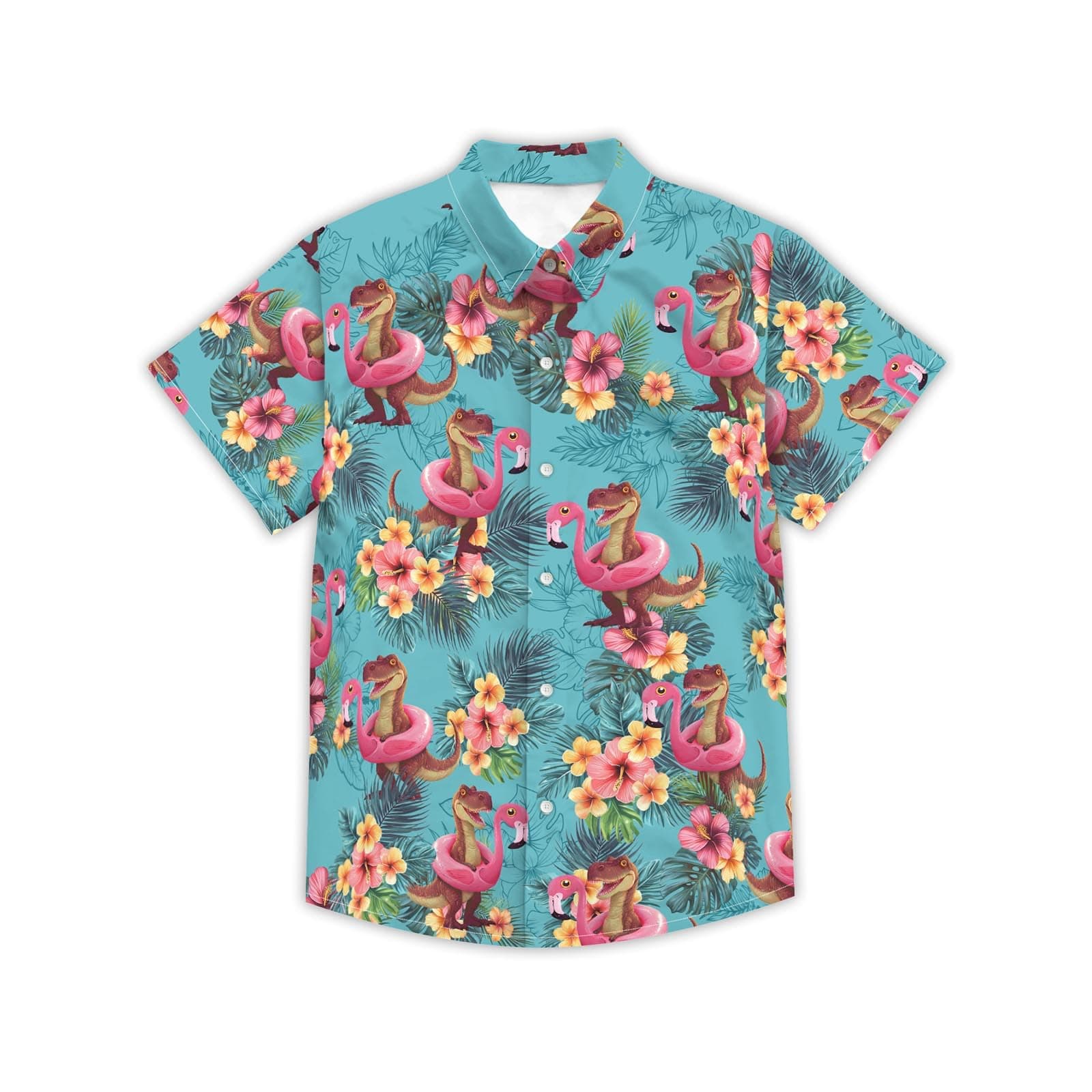 Boys Girls Hawaiian Shirt Funny Dinosaur Aloha Short Sleeve Summer Beach Vacation Tropical Button Down Shirt for 5-14 Years, Blue, 13-14 Years