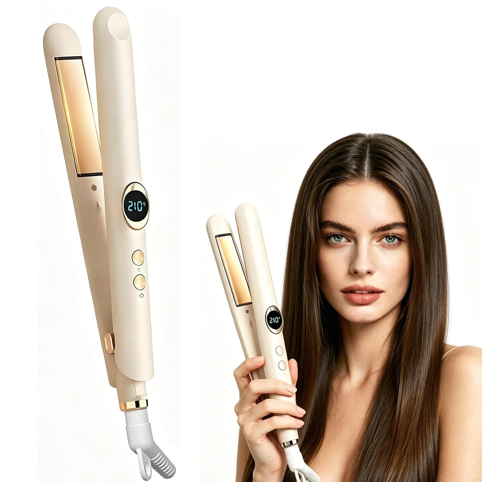 2026 Upgraded 2-in-1 Hair Straightener & Curler, Professional Flat Iron with High-Concentration Negative Ionics & 3D Floating Plates, 12 Adjustable Heat Settings (150°C–210°C) with Digital Display, 360° Swivel Cord & Storage Lock, Apricot