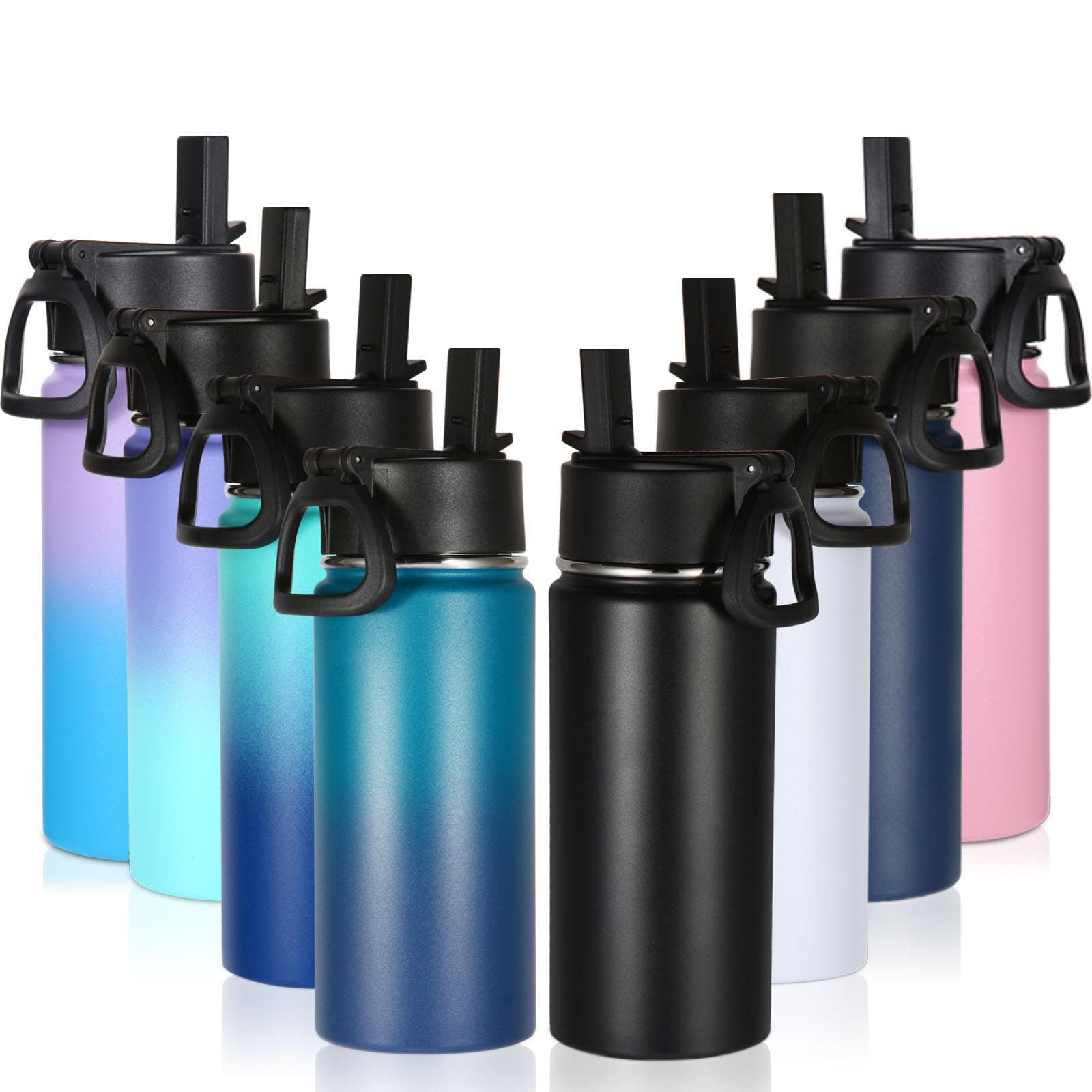 Volhoply 16 OZ Kids Water Bottle Bulk 8 Pack,Insulated Sports Bottles with Straw Lid,Stainless Steel Bottle with Handle Keep Cold & Hot,Double Wall Vacuum Cups for School(Eight Color,Set of 8)